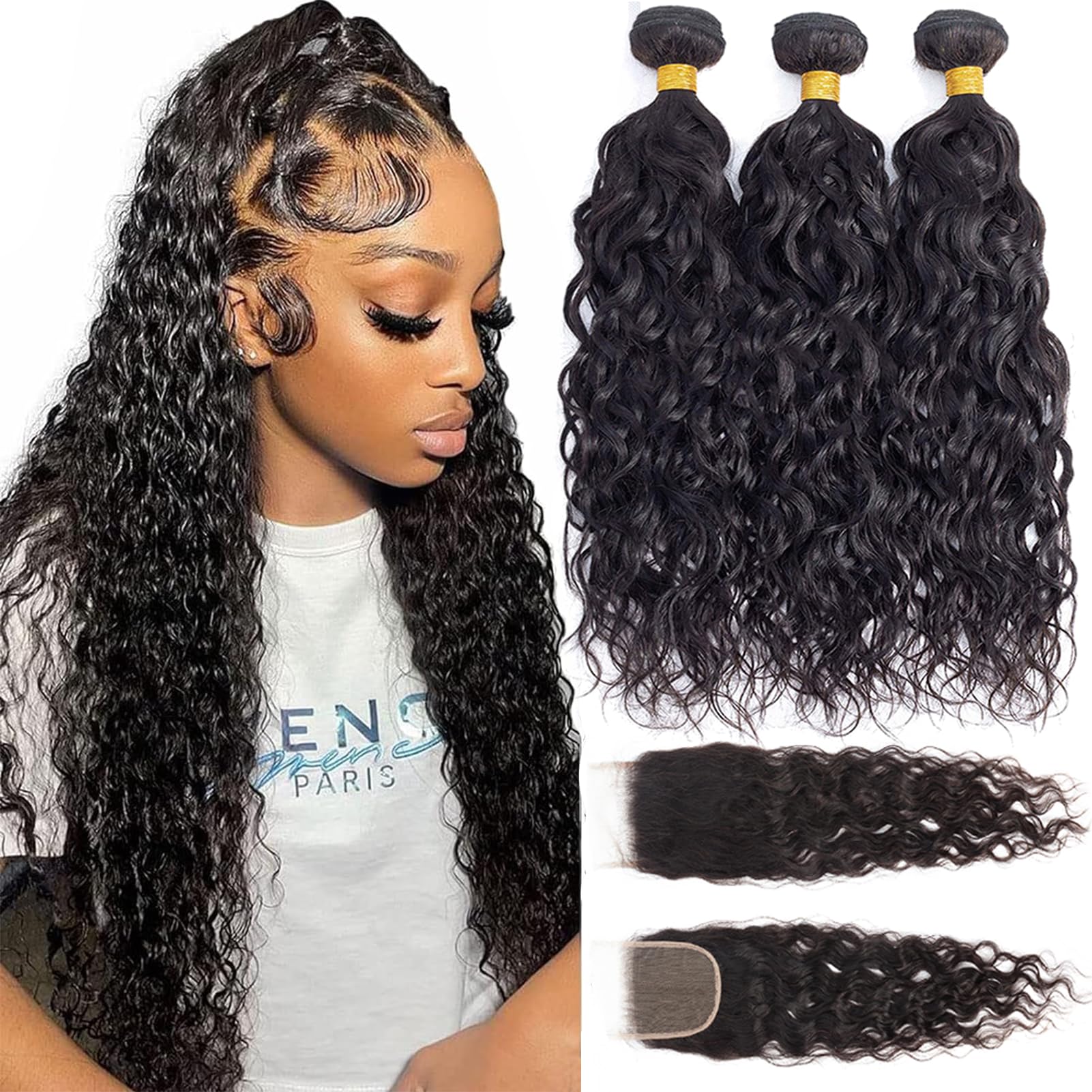 12A Water Wave Bundles with Closure Human Hair (14 16 18+12") 100% Unprocessed Virgin Brazilian Human Hair Wave 3 Bundles with 4×4 Lace Closure