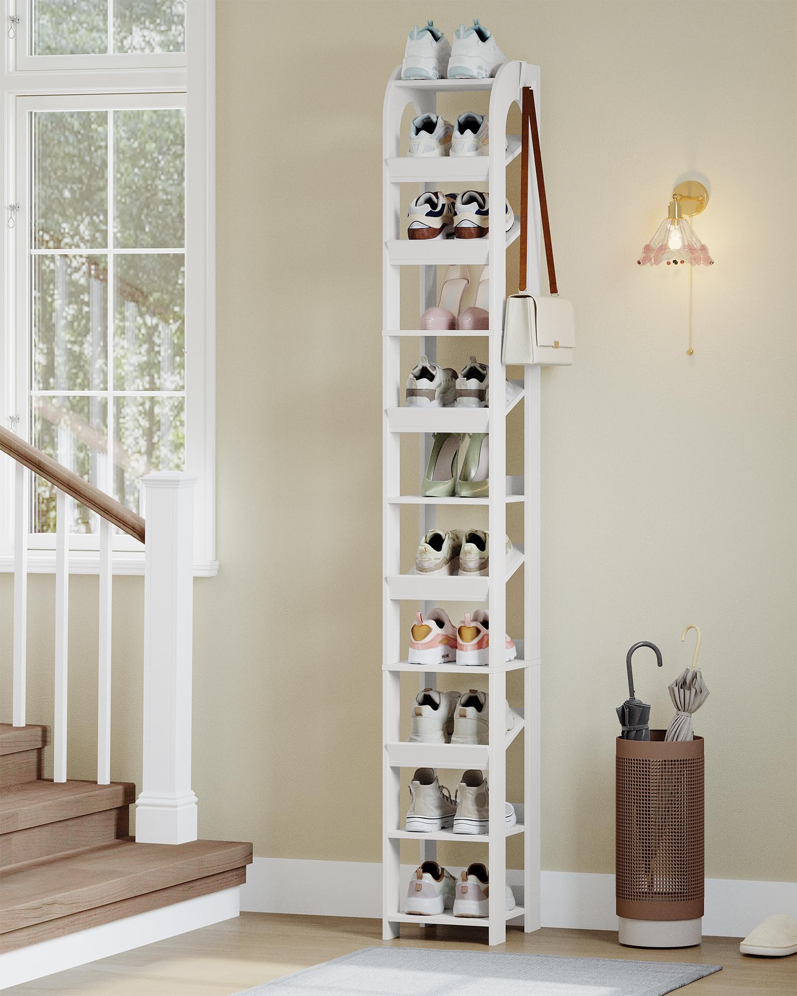 Hzuaneri Scarpiera Verticale, Scarpiera Stretta a 11 Livelli, Scaffale Portascarpe, con Ganci, 29 × 25 ×186 cm, Organizzatore di Scarpe in Legno per Ingresso, Soggiorno, Bianco SR12403X