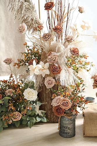 Miniatura 3 de Flores artificiales de aspecto real, color rosa polvoriento, rosas falsas de espuma con tallos, 25 piezas para bricolaje, bodas, despedidas de