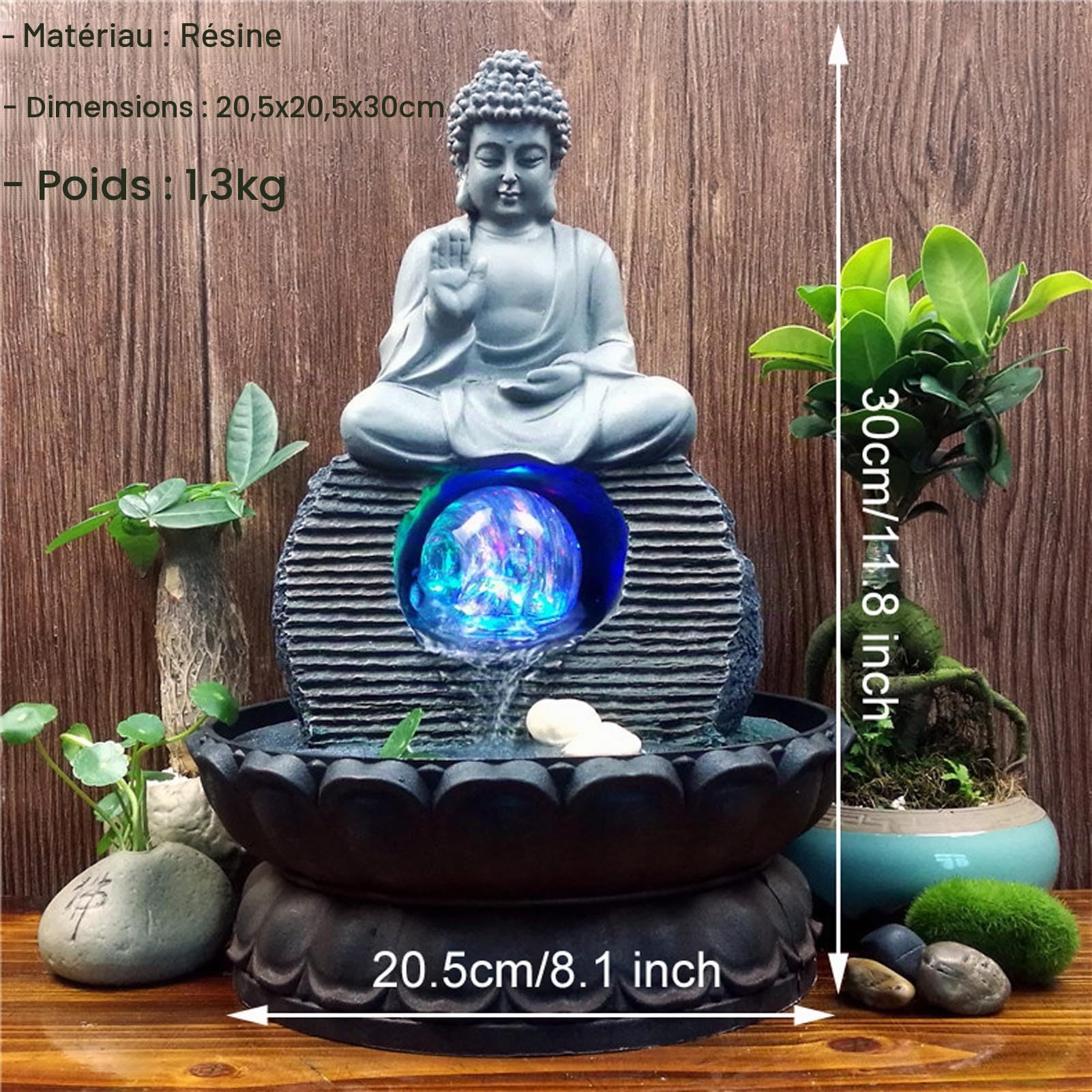 Fontaine de Statue de Bouddha en Résine avec Lotus, Fontaine d'eau de Table d'intérieur Humidificateur - Fengshui Décoration pour Bureau, Maison, Jardin et Terrasse,Gris,Buddha D