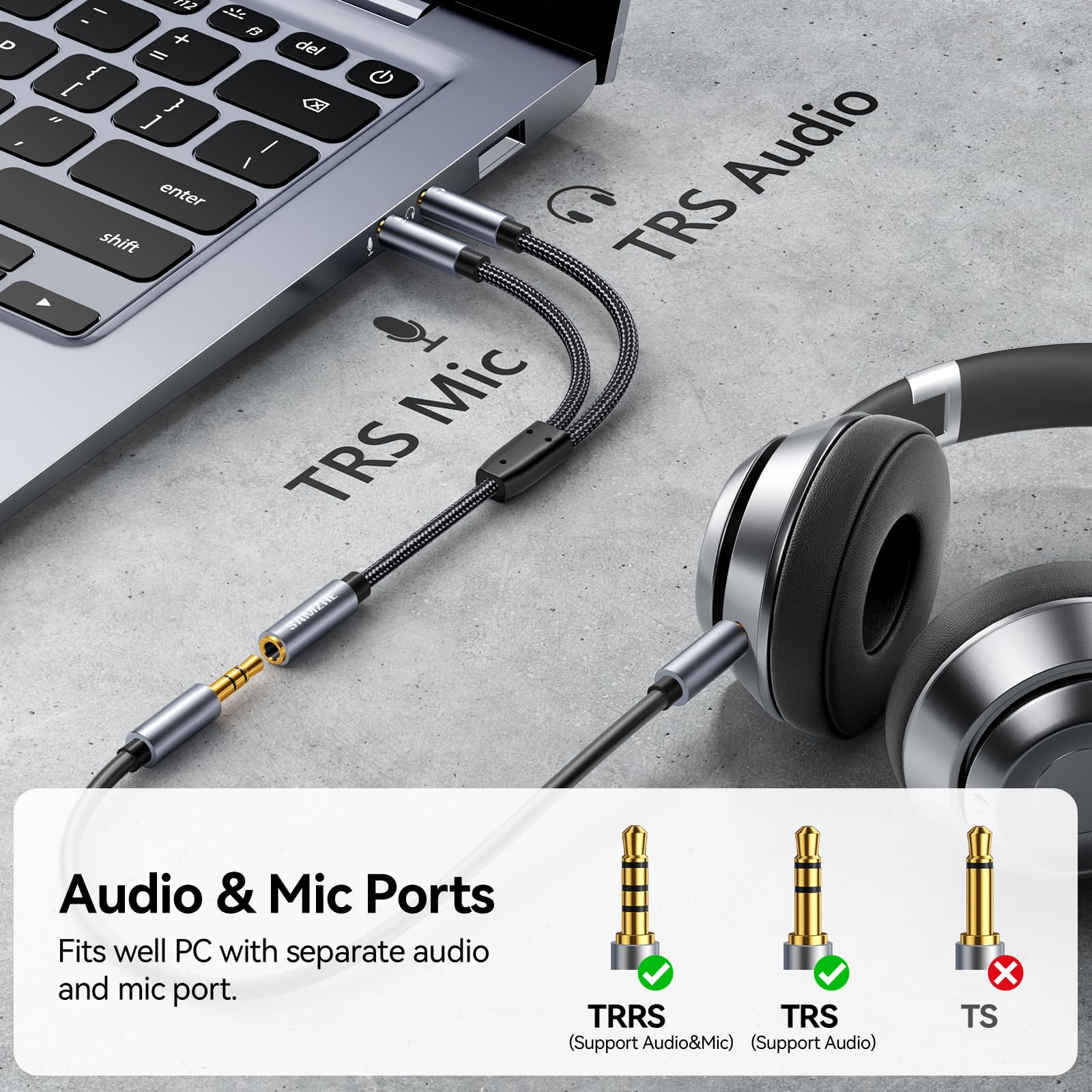 SAMZHE Divisor de auriculares para computadora de 3,5 mm hembra a 2 cables dobles de 3,5 mm macho trenzado de audio divisor de audio para micrófono, conector estéreo, cable de puerto de auriculares