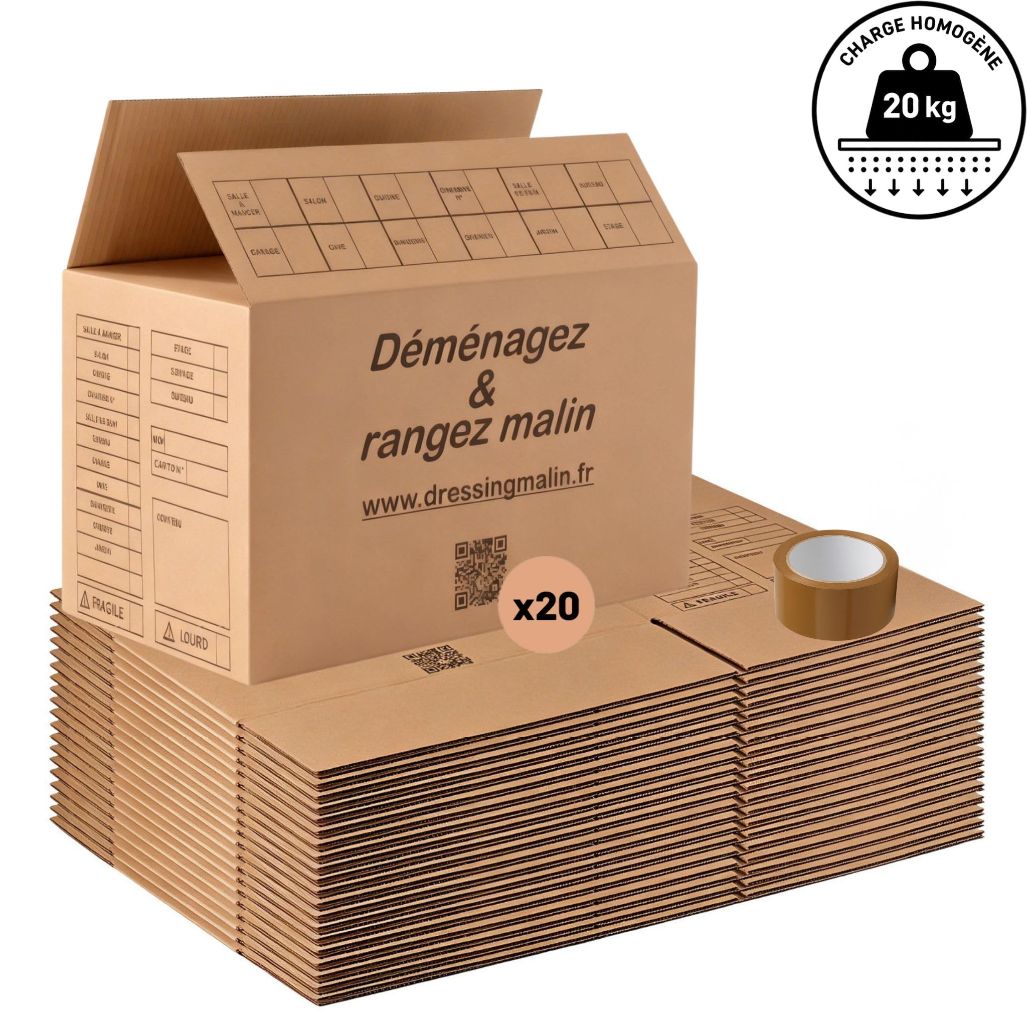 Lot de 20 cartons de déménagement 55x35x30 cm + rouleau adhésif havane – Cartons solides et résistants, faciles à monter – Idéal pour emballage, stockage, expédition, rangement – Recyclables