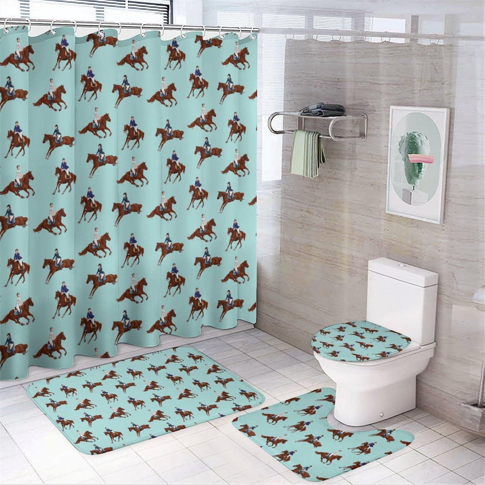 CGSBNGHA Horse Racing Shower Curtain Set 4 Piece Bathroom Sets with Rugs Toilet Lid Cover And U-Shaped Floor Mat