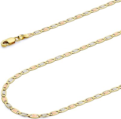 TWJC 14k REAL Tri Color Gold Solid 2.5mm Star Diamond Cut Chain Bracelet with Lobster Claw Clasp - 7"