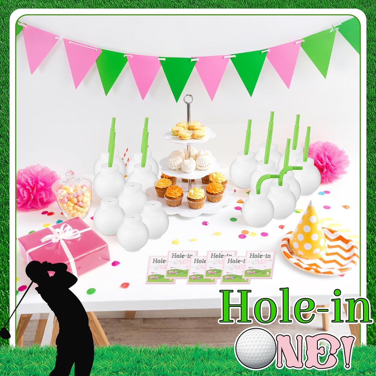 Sumind 12 Golf Ball Cups Gift Set with Straws and Lid Pink Golf Party Favors for Kids Hole in One Birthday Decoration Girl Bulk 10 oz Plastic Ball Cups Baby Shower for Guests Card Organza Bag Gifts - Image 6