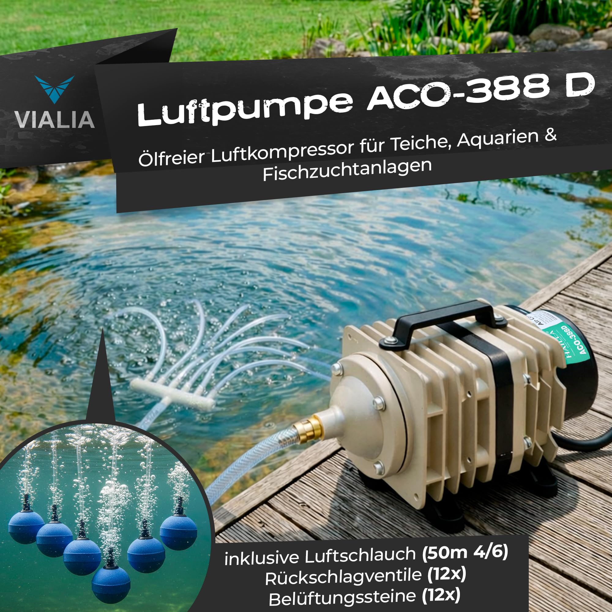 Luftpumpe ACO ölfrei, leise <60 dB, Aluminiumgehäuse, Luftkompressor für die Belüftung von Teich und Aquarium