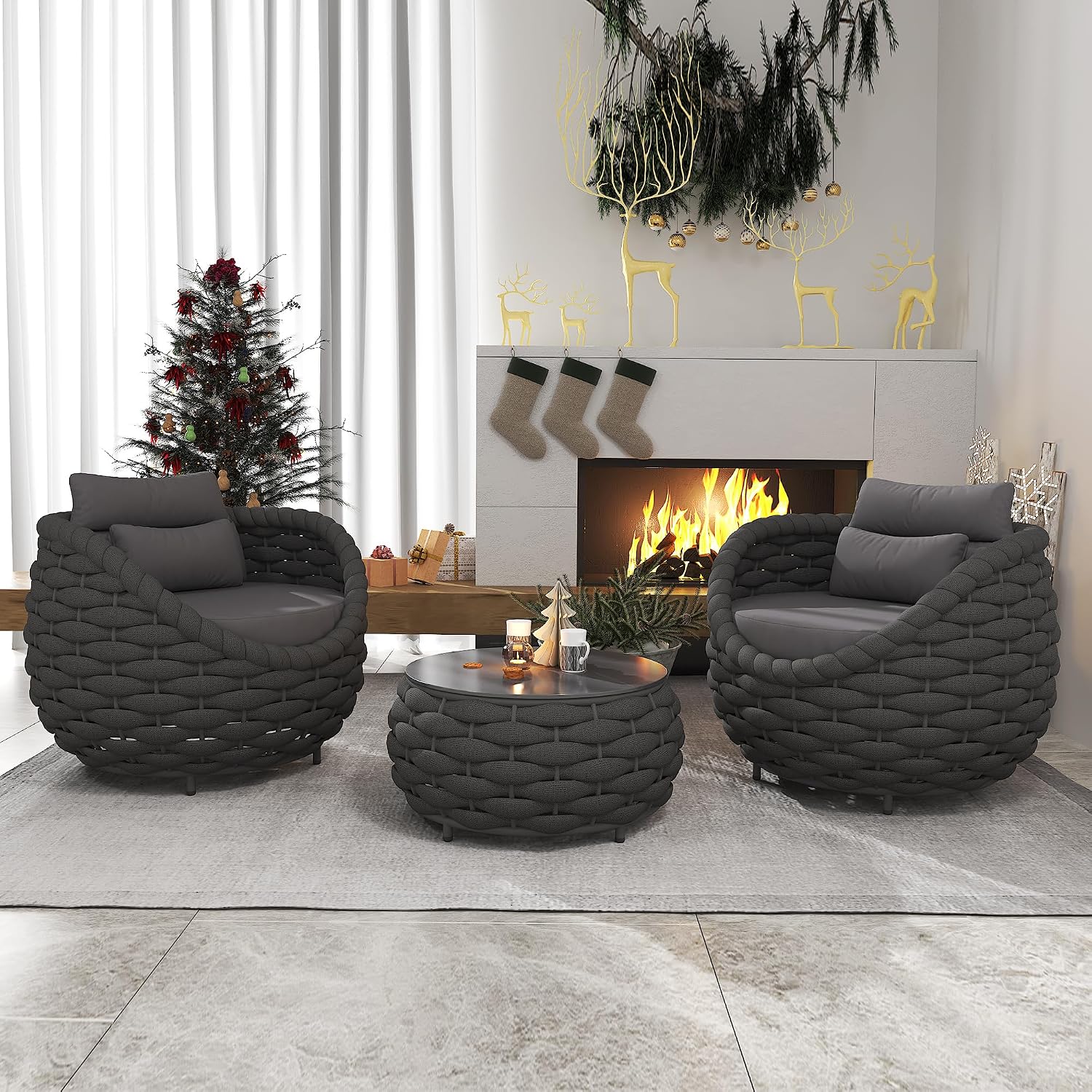 Conversation Set Aluminum Outdoor & Indoor Sofa Modern Patio Furniture Set with Soft Cushion and Coffee Table for Balcony Garden (Black)