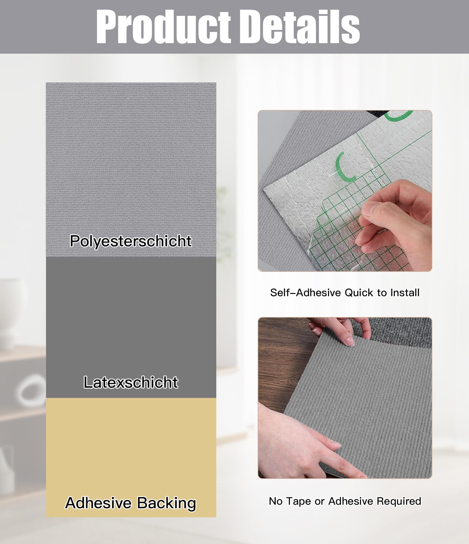 Azulejos de alfombra autoadhesivos, 30 x 30 cm, juego de 10 unidades, 0,9 m², alfombra con respaldo, autoadhesiva, alfombra resistente para el hogar, oficina, comercio, gris claro