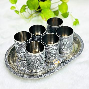 Navrang Floral Steel Meenakari Serving Tray Set With 6 Glass Lemon Set, Gift (Pack of 7)