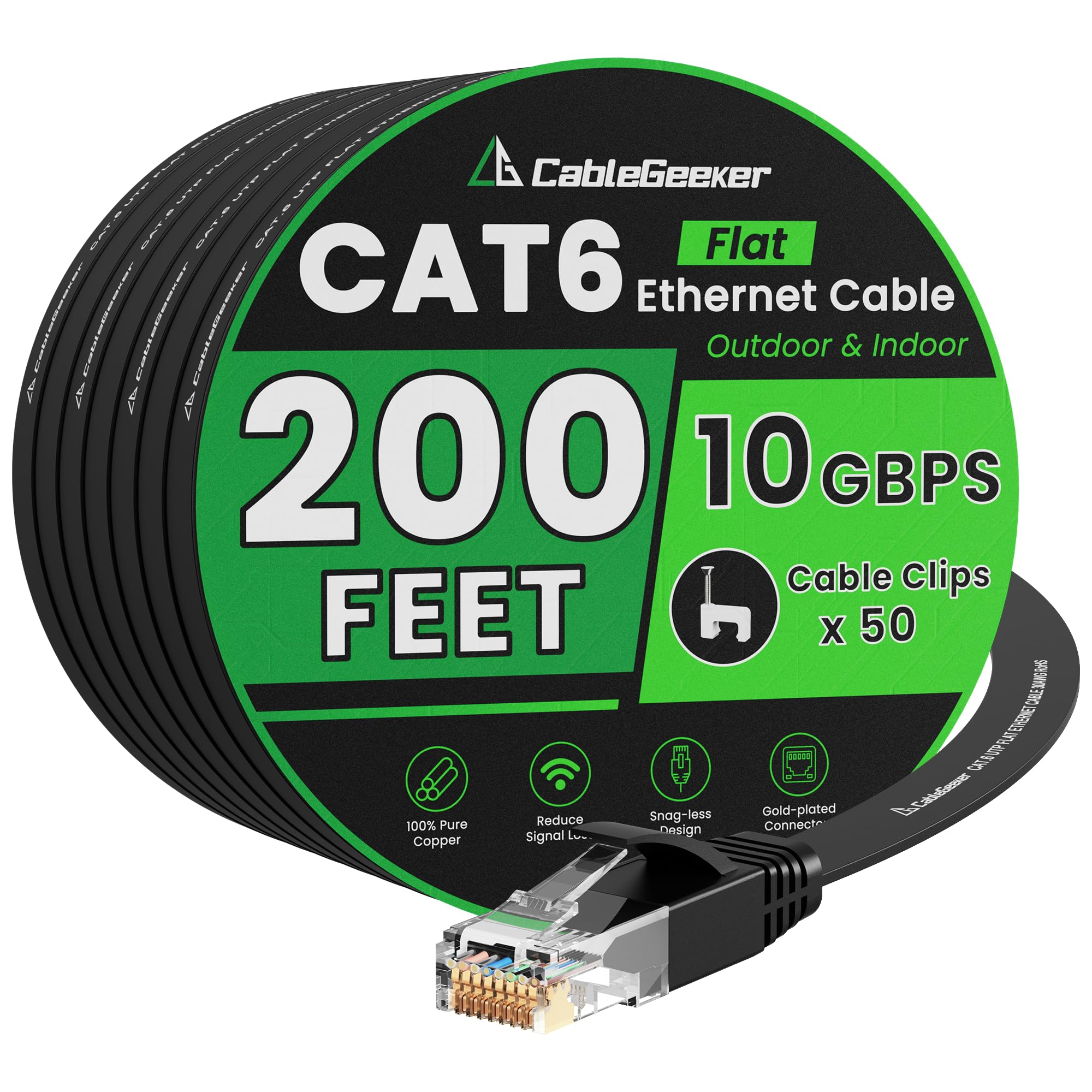 Cat 6 Ethernet Kabel 61m, High Speed 10Gbps Flaches Internet Netzwerkkabel, Reines Kupfer Ethernet Patchkabel Lang, Computer LAN Kabel mit Clips & Riemen für Router, Modem, PS4/5, Schwarz | 30 AWG OFC, 550 MHz, snagless vergoldet, RJ45, flaches Low-Profil