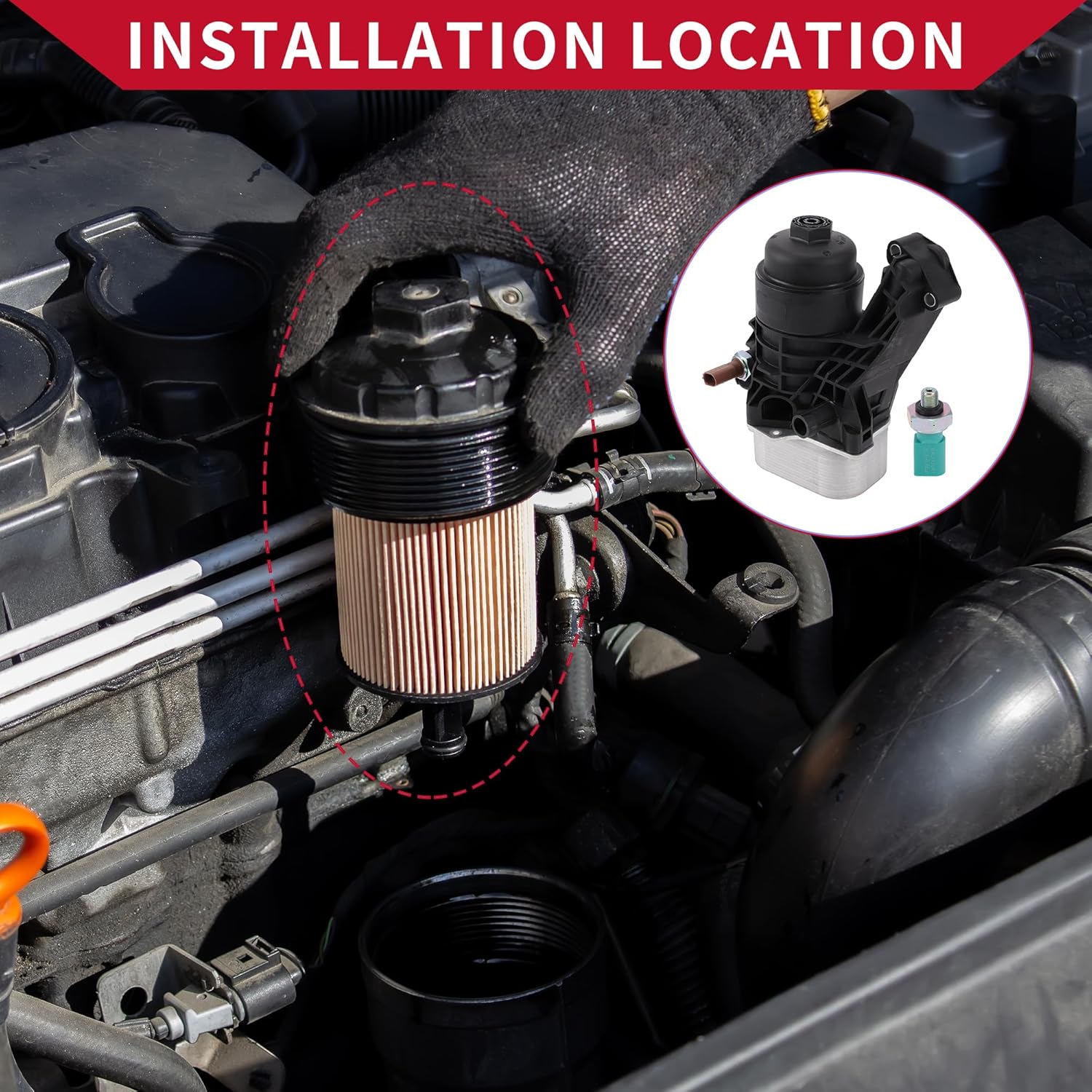 No.03N115389A Engine Oil Filter Base Housing Assembly with Sensors for Volkswagen Golf/Front Oil Cooler/Durable Aluminum Alloy,Plastic 1 Pcs