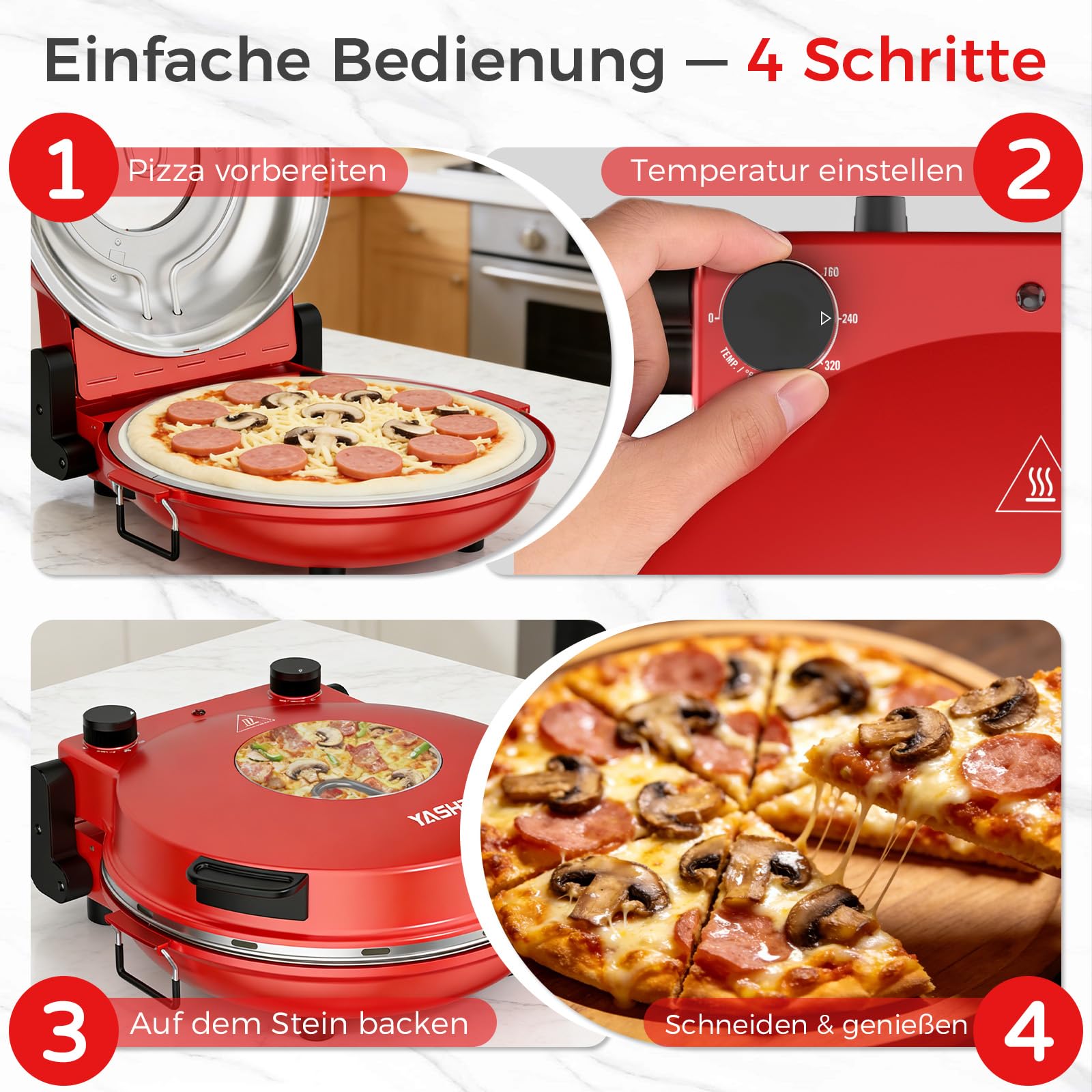 YASHE Elektrischer Pizzaofen 400°C 30 cm Keramik-Pizzastein 1200W Ober- und Unterhitze Timer
