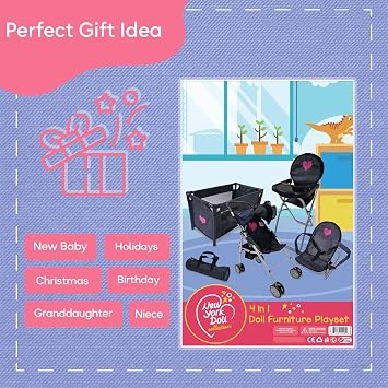 4-in-1 Baby Doll Stroller Set Includes Toy Stroller, Crib, Bouncer & High Chair Doll Accessories & Baby Doll Furniture Set for Toddlers 3-4 Years Fits Dolls up to 18 Inches
