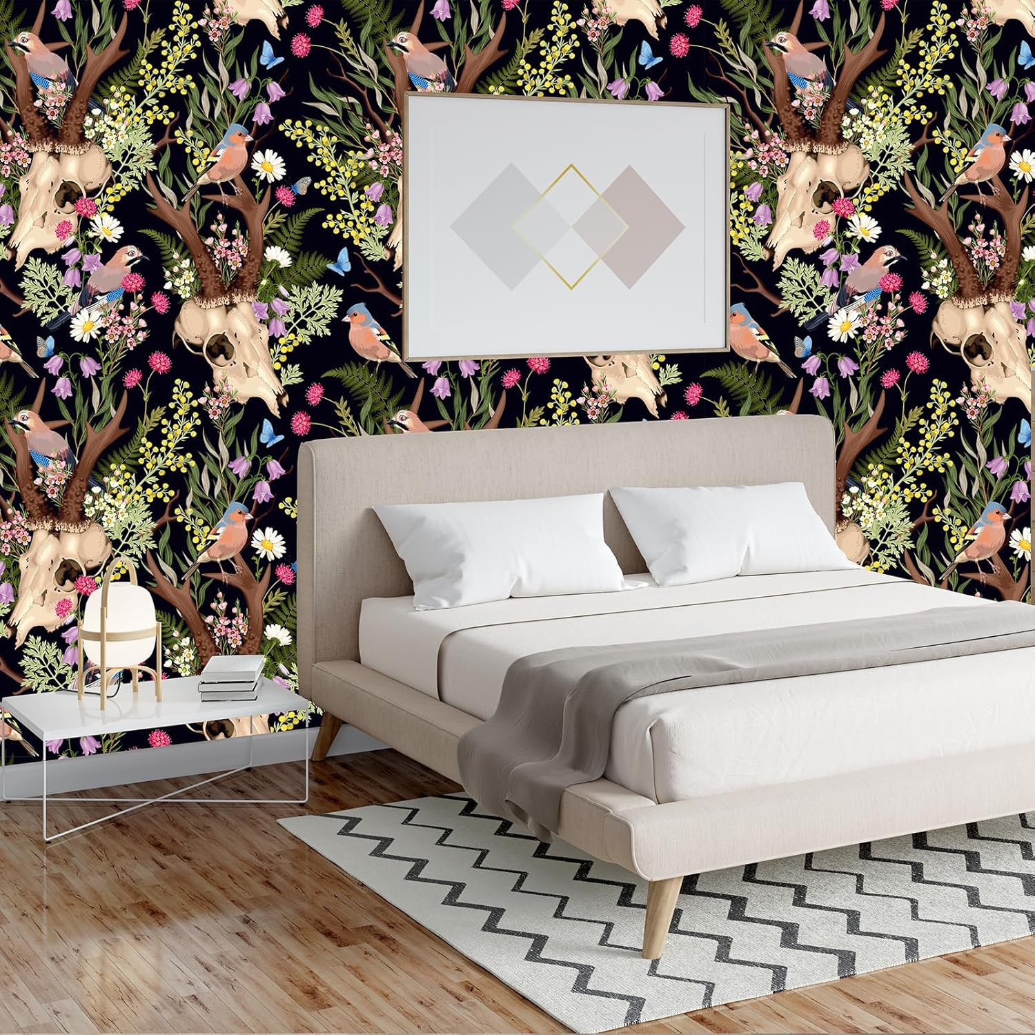Peel and Stick Wallpaper Deer Skull, Boho Floral Wallpaper DIY Decor, 17.7"×118"