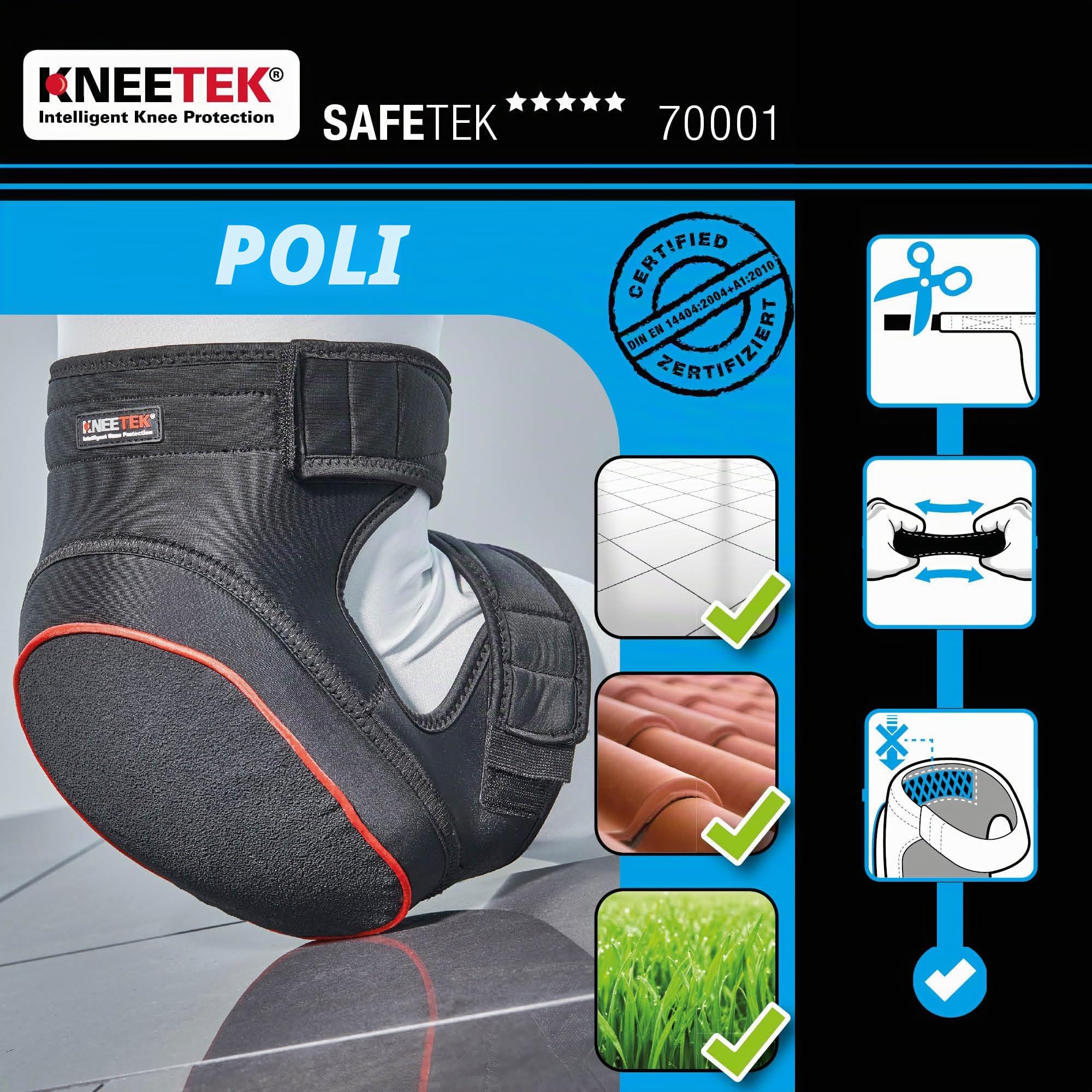 Rodilleras Kneetek SAFETEK Poly 70001: muy antideslizantes, protegen las rodillas y alivian la carga al trabajar de rodillas, adecuadas para techadores, alicatadores y montadores de andamios.