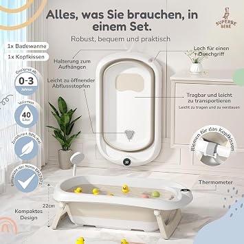 Foldable Baby Bath with Non-Slip Bath Pillow XXL Baby Bath Seat and Bath Thermometer From Birth to 3 Years Baby Bathtub Birth Gifts for Girls and Boys