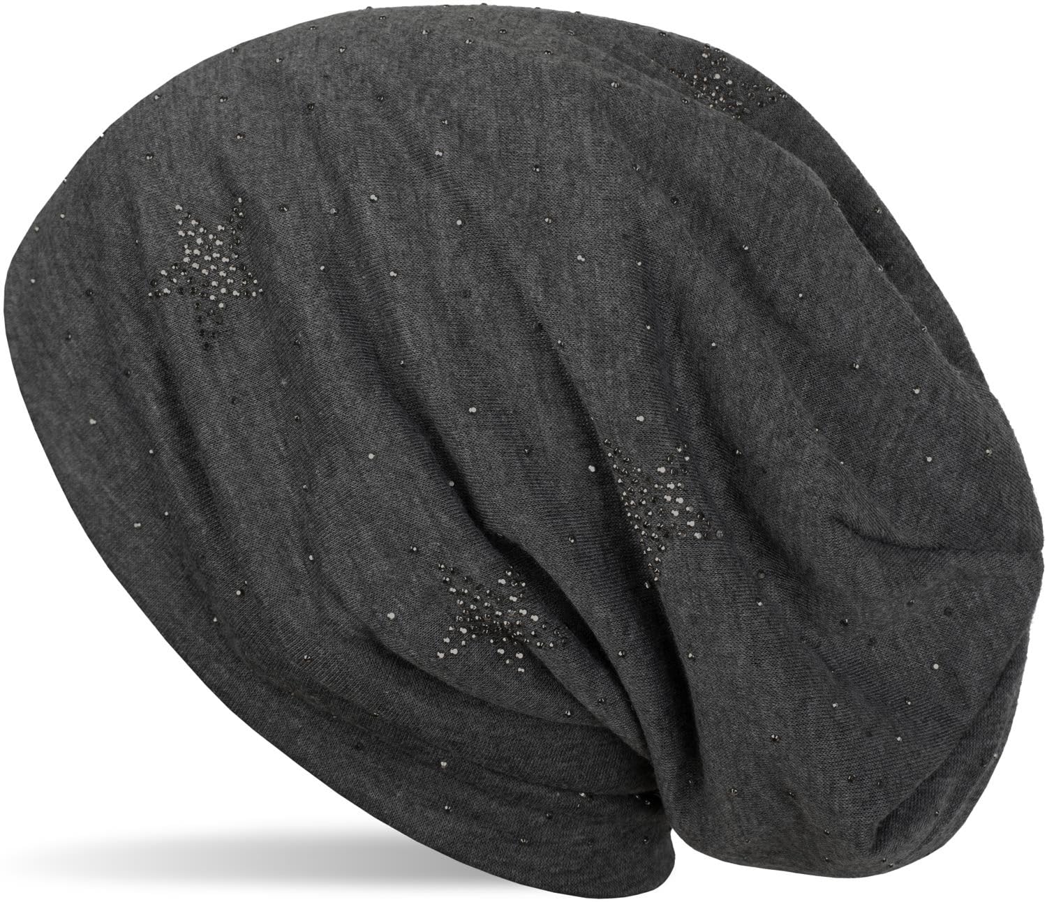 Stylebreaker Women's Mottled Dark Grey Beanie Hat With Rhinestone Stars And All-Over Rhinestones, Slouch Long Beanie, 04024116, Colour: