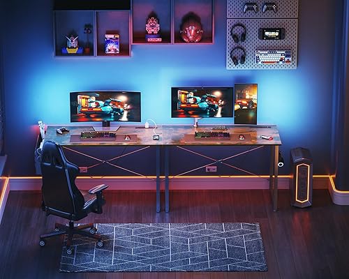 Miniatura 7 de KKL Escritorio pequeño con tomas de corriente y puerto USB, escritorio para computadora para oficina en casa y juegos, estilo simple y moderno,