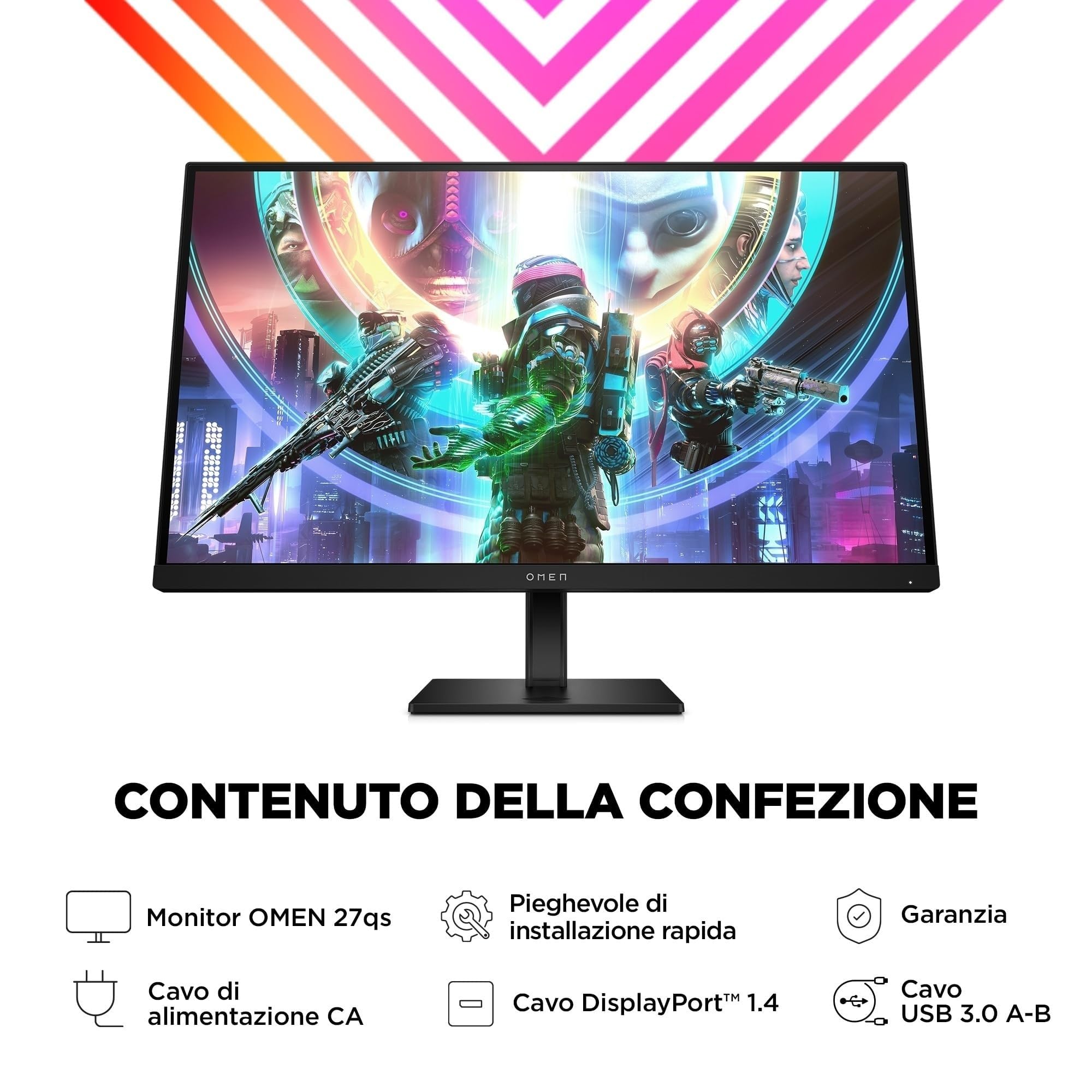 HP OMEN 27qs Monitor da 27 Pollici, Pannello IPS da 16:9 QHD da 240 Hz, 1 ms, Display HDR 400, Antiriflesso, 400 Nits, AMD FreeSync, NVIDIA G-SYNC, VESA 100x100 mm, HDMI 2.0, USB-A e B