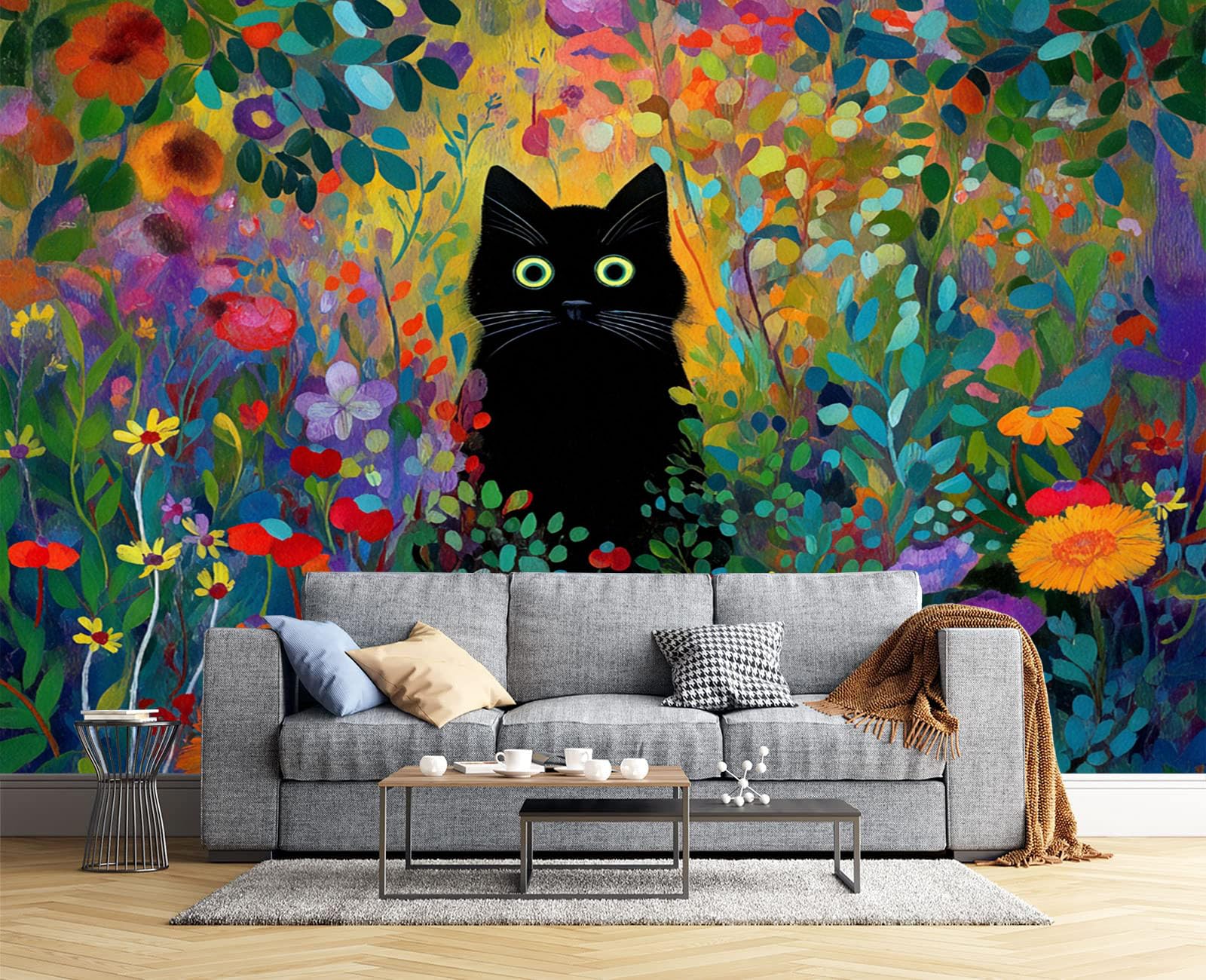 Papier Peint Panoramique Jardin de Chats 350x256cm | Tapisserie Murale Vert Foncé pour Salon