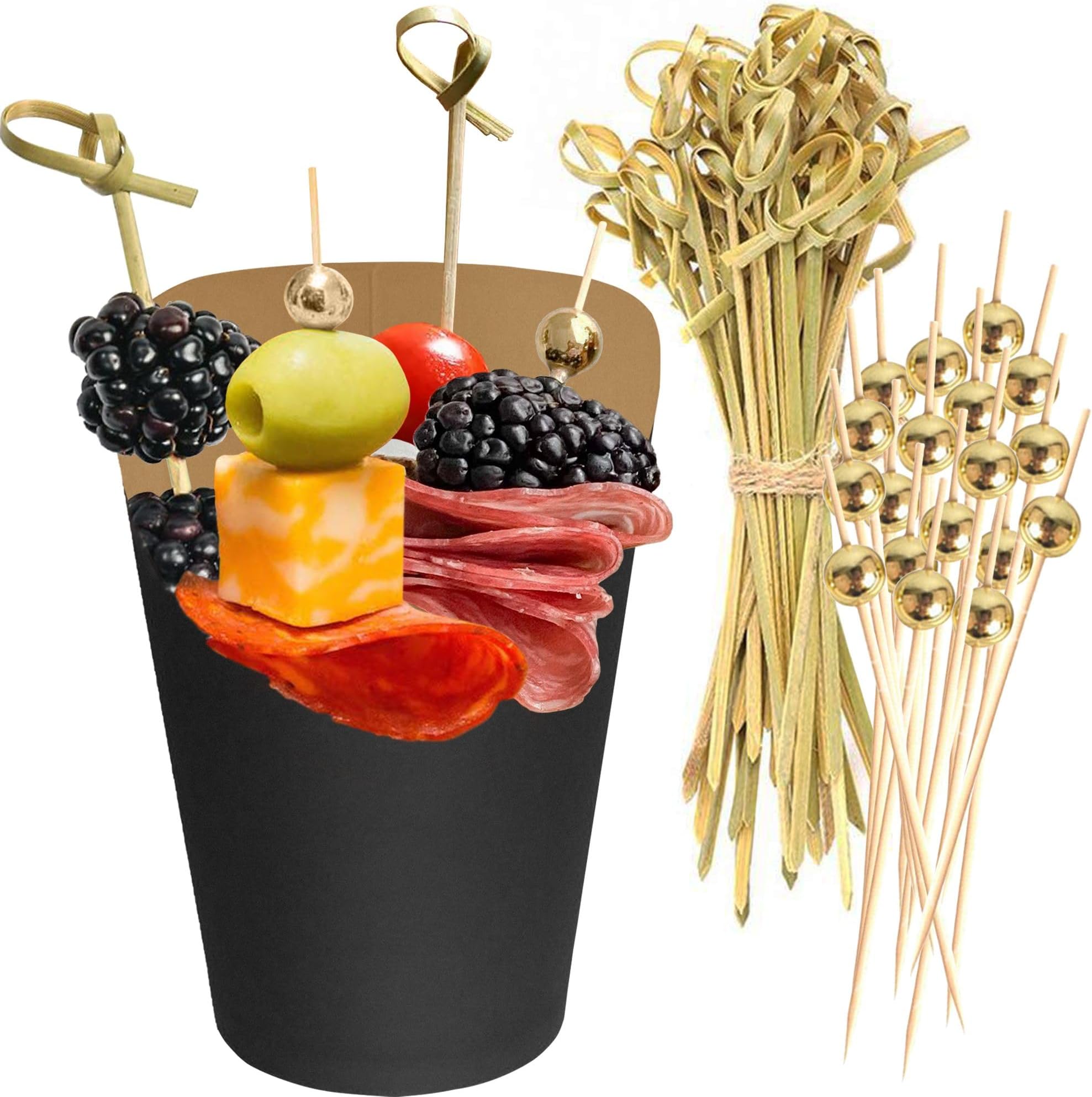 50pk 14oz Black Charcuterie Cups with 200 Sticks (2 Types) - Wide Enlarged Top Cutout for Better Display - Black Paper Charcuterie Board Cups Set