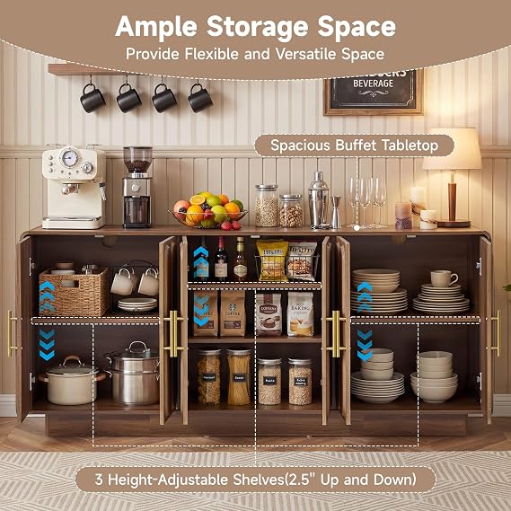 Buffet Cabinet with Storage, 63 Large Sideboard Buffet | Farmhouse Kitchen Cabinet with Arched Doors, 7Storage Compartments, Wood Coffee Bar Table for Living Room Entryway, Walnut