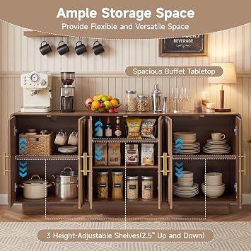 Buffet Cabinet with Storage, 63 Large Sideboard Buffet | Farmhouse Kitchen Cabinet with Arched Doors, 7Storage Compartments, Wood Coffee Bar Table for Living Room Entryway, Walnut