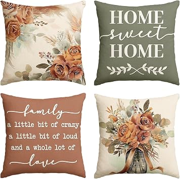 AVOIN colorlife Spring Home Sweet Home Terracotta Sage Throw Pillow Covers, 18 x 18 Inch Seasonal Fall Eucalyptus Floral Motto Cushion Case for Sofa Couch Set of 4