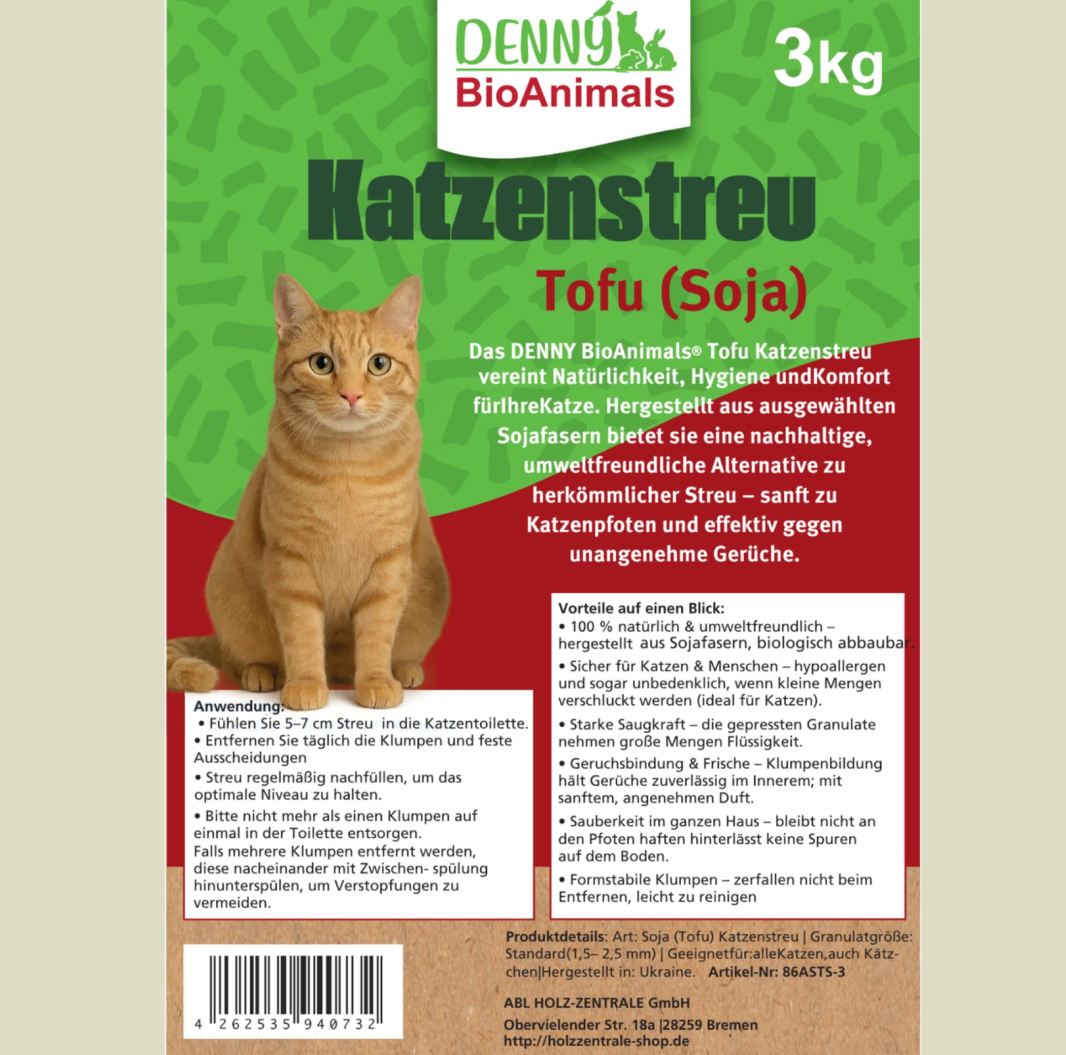 Tofu Katzenstreu 30 kg (10 Säcke je 3 kg), 80 L– 100% natürlich & biologisch abbaubar – Ultra saugstark, klumpend, staubfrei & geruchsneutral – nachhaltige Katzenstreu aus Pflanzenfasern (30 kg)
