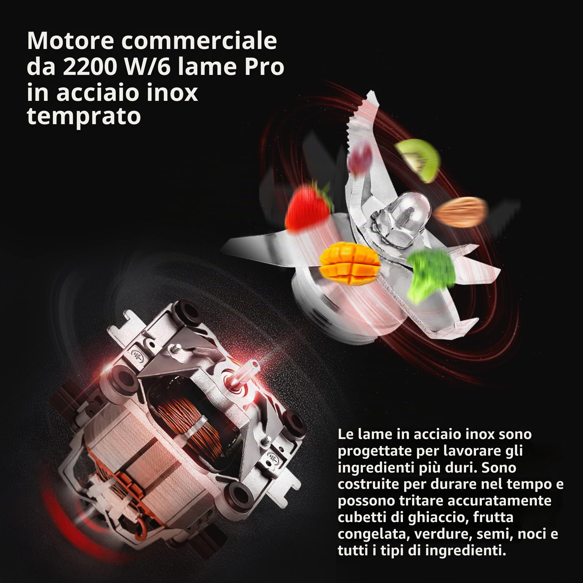 BioloMix Frullatore ad alte prestazioni 2200 W, funzione autopulente, timer integrato, frullatore con contenitore da 2 l, senza BPA…