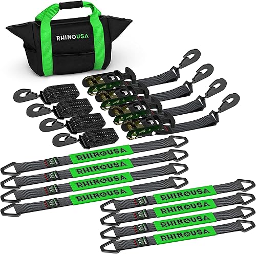 Rhino USA - Kit de amarre resistente para vehículos, resistencia mínima de 10,000lb, incluye 4 correas reforzadas con ganchos de presión de 2x96