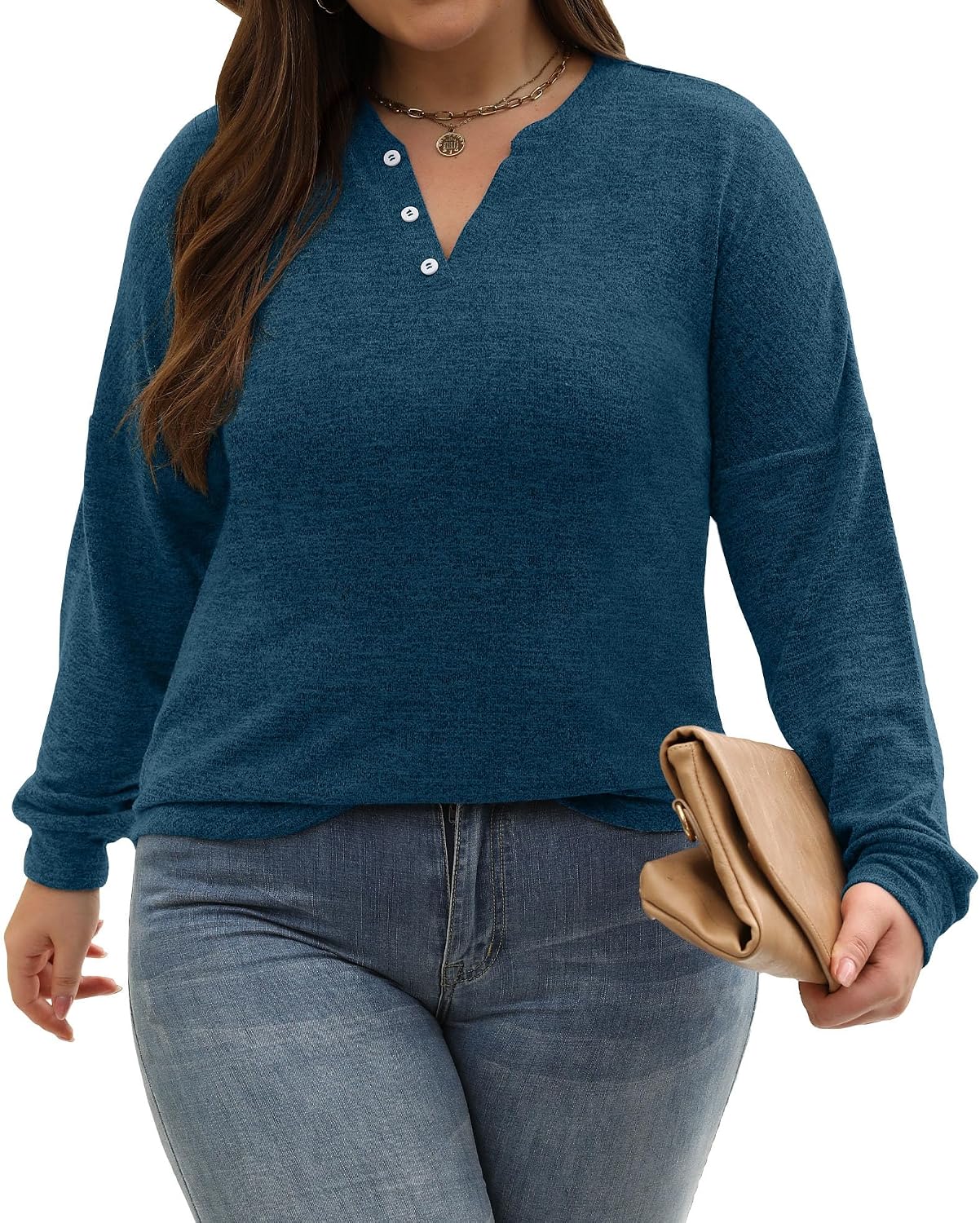 Womens Plus Size Tops Long Sleeve Henley Shirts Oversized Sweatshirt L-4XL image 3