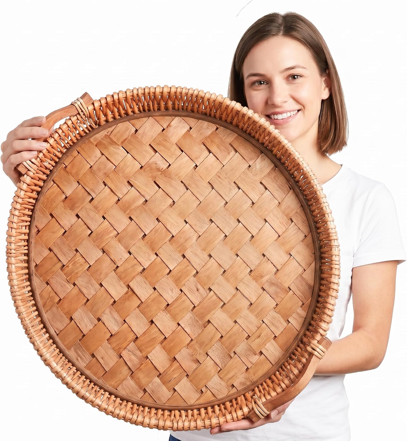 20" Handwoven Round Decorative Tray with Handles and Wood Base | Handwoven round tray with a sturdy wood base, perfect for coffee tables, ottomans and seasonal décor