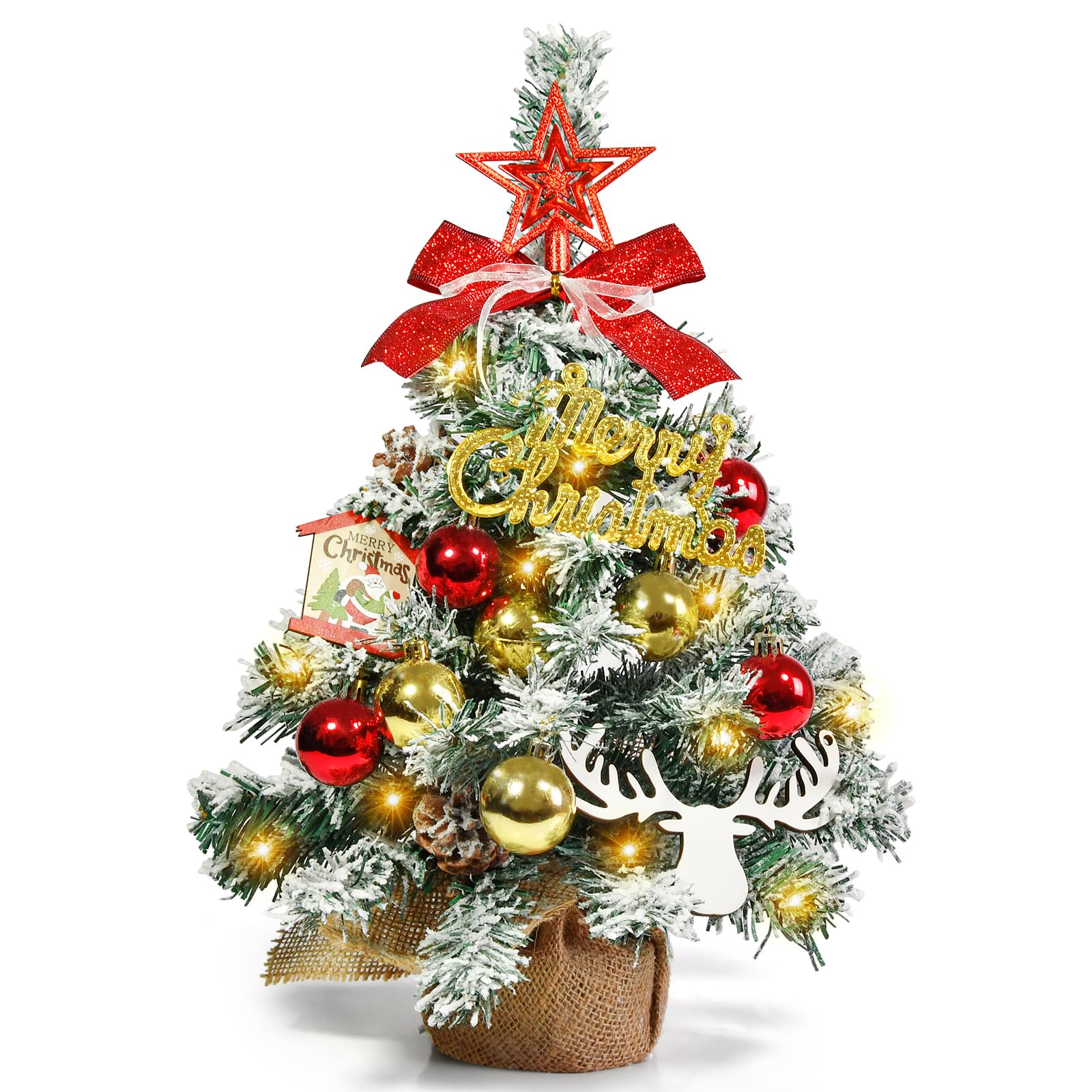45CM Arbol Navidad Pequeño Artificial con Adornos, 30 Luces LED, Estrella de Arbol, Bolas Navideñas, Mini Nevado Christmas Tree Decoración para Centro de Mesa Navidad Partido Casa Hogar Oficina