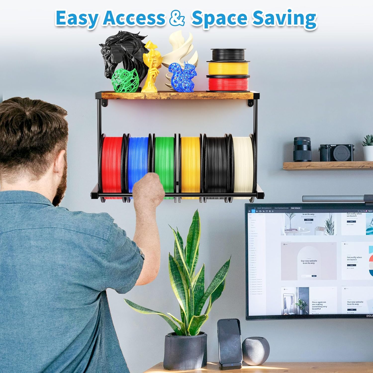 2 Pack 3D Printer Filament Storage Rack, Wall Mount Filament Spool Holder, 2 Tier Filament Shelf Organizer, Heavy Duty Metal Storage Rack for 3D Printing Studio, Workshop (2 Pack)