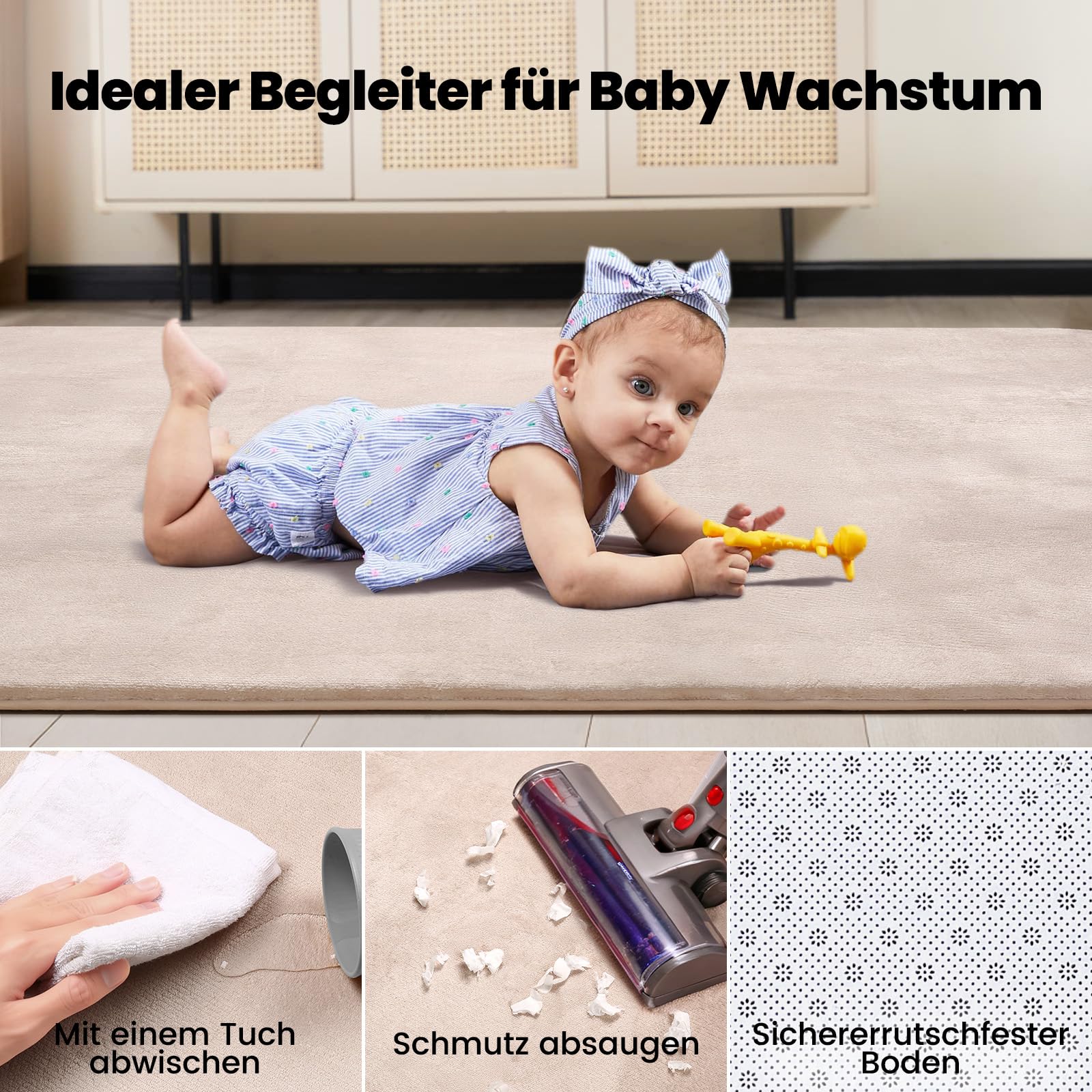 Krabbelmatte Baby 127×127cm, 3cm Dicke Schaumstoff Spielmatte, Ultraweiche Stütze und Plüschiges Gefühl Teppich Kinderzimmer, Pflegeleichte Krabbeldecke Baby mit Rutschfester Unterseite, Beige