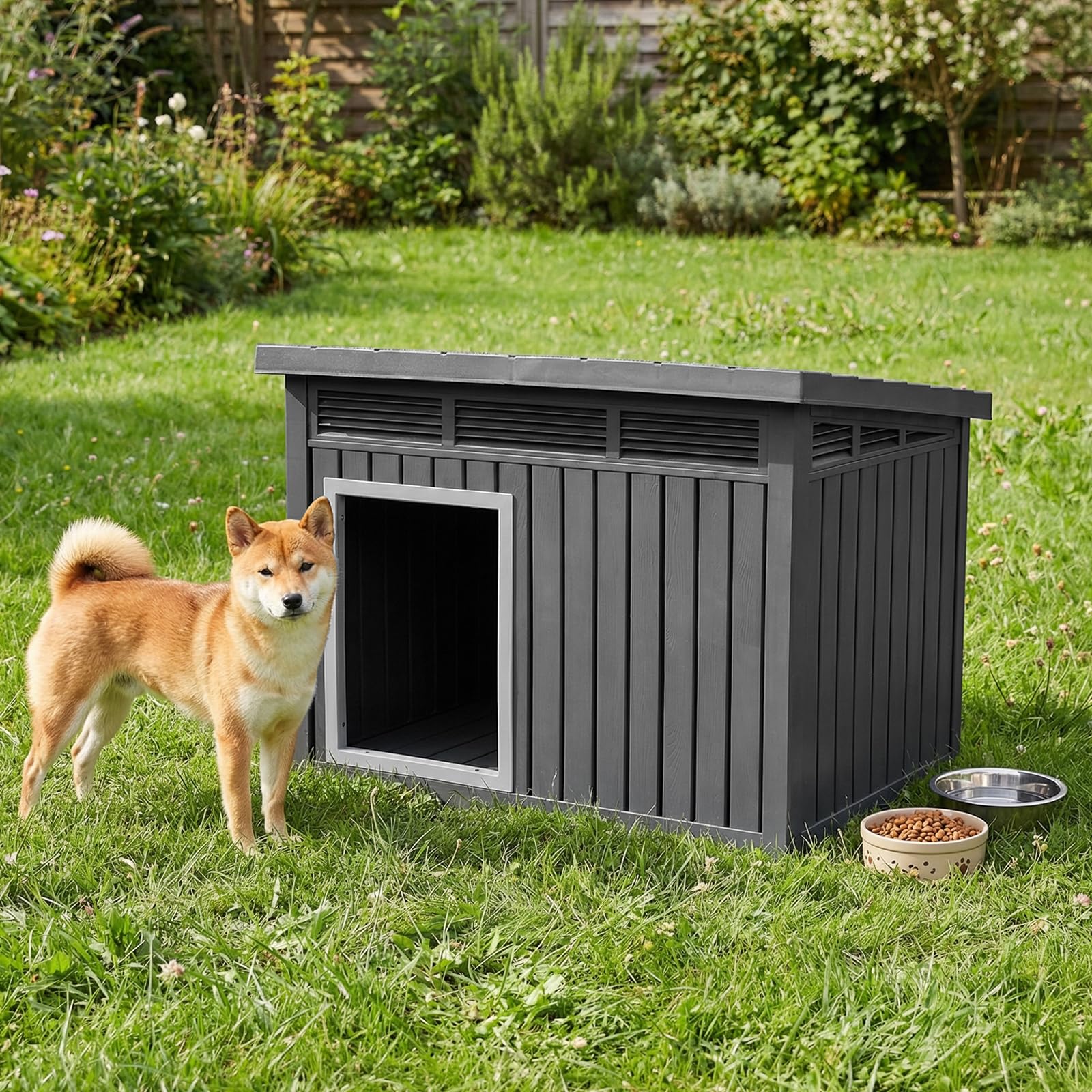 COSTWAY Caseta para Perros Exterior, Casa para Perros de Plástico con Puerta, Techo Inclinado Abatible, Rejillas de Ventilación, Mueble Perrera para Mascotas, 81 x 64 x 61 cm, Negro