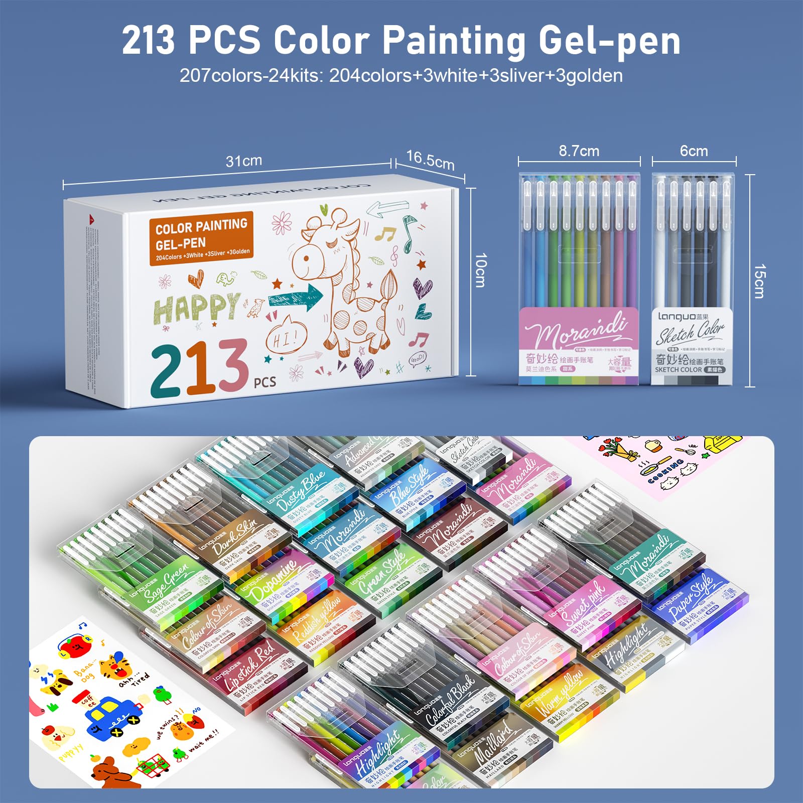 TrendGate Set di 213 penne gel, punta fine da 0,6 mm, 207 colori (204 colori + 3 bianco/3 argento/3 oro), set di penne gel per pittura, scrittura e diario per adulti