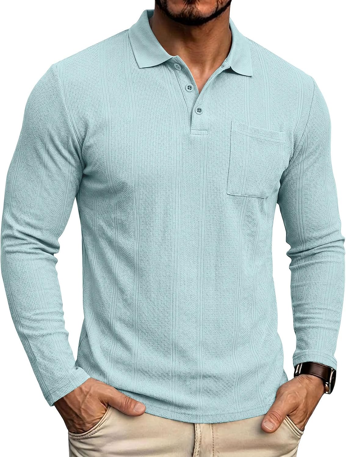 Mens Long Sleeve Shirts Ribbed Knit Casual Golf Tops | Vertical Ribbed Texture, Single Chest Pocket, Turn Down Collar Tops, Smart Casual Attire, Breathable Fall Layering