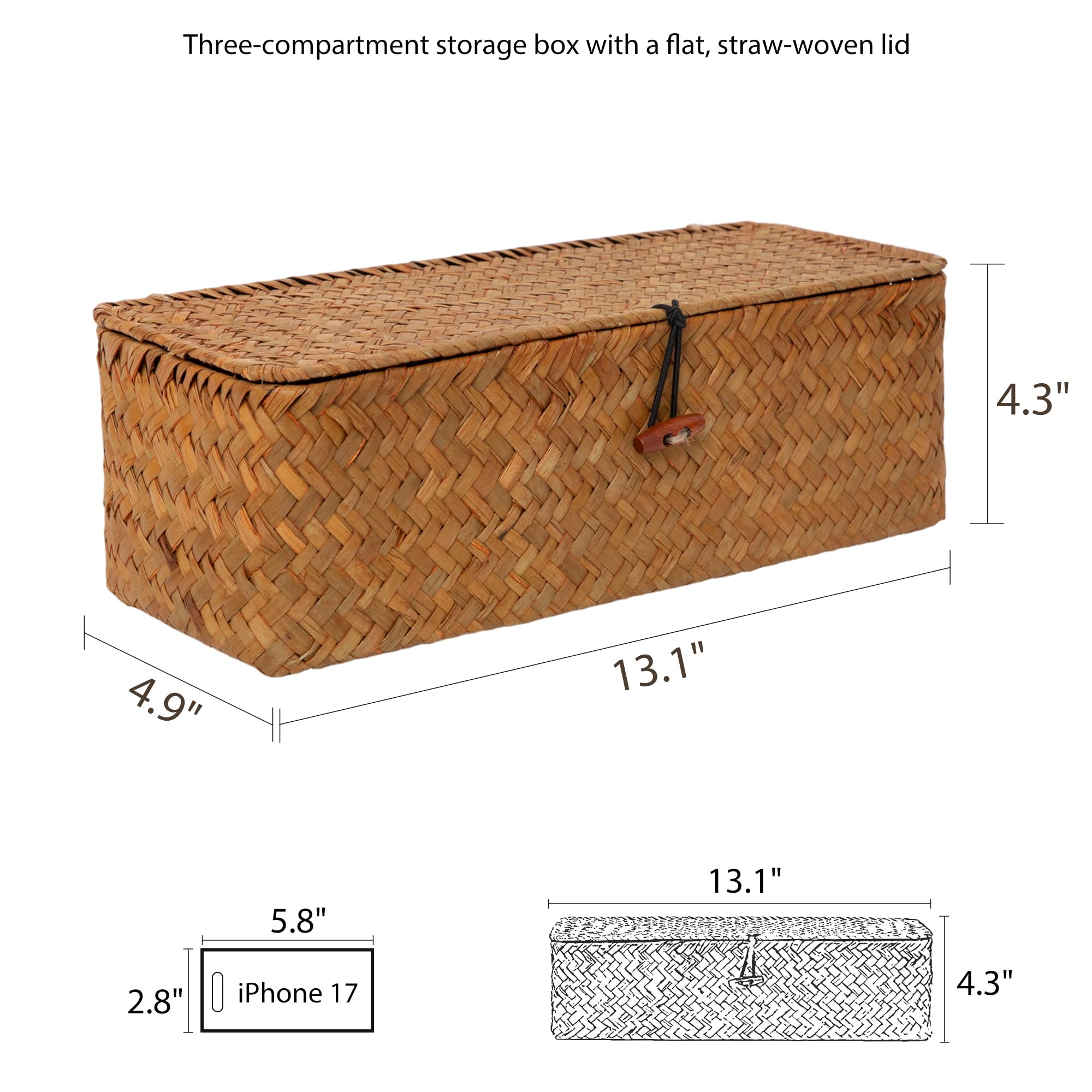 Caja de almacenamiento tejida a mano con tapa, cesta de almacenamiento de cosméticos de escritorio, cesta de almacenamiento de artículos diversos para el hogar, estilo de tres rejillas, 13.19 x 4.92 x