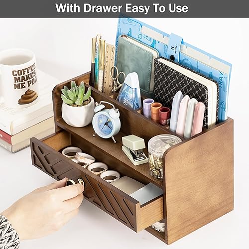Miniatura 3 de Brown Wood Desk Organizer and Accessories with Drawer, Bill Mail Organizer and File Mail Holder for Office Supplies, Desk Accessories & Workspace