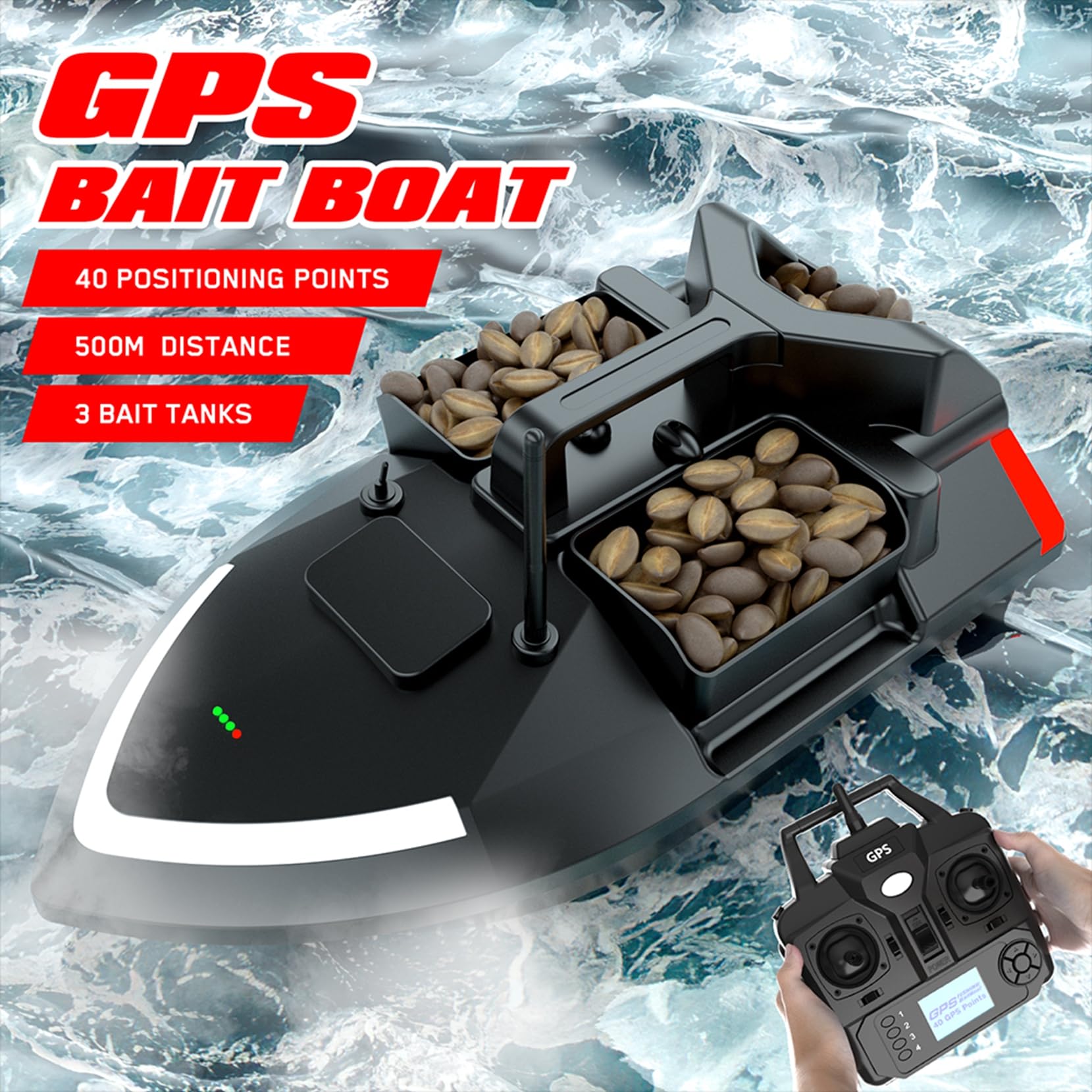 Barco GPS Smart RC de cebos, Crucero Automático de Doble Motor con Tres Tolva de Gran Capacidad y Luz Nocturna LED (V020-12000mAh)