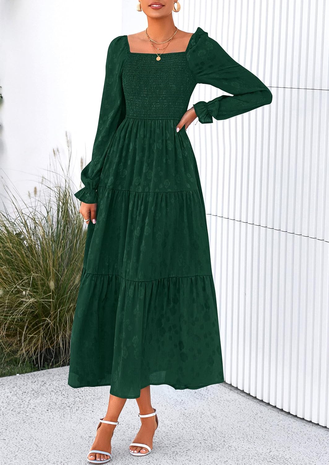 PRETTYGARDEN Wedding Guest Dresses for Women Floral Long Sleeve Smocked Tiered Elegant Long Flowy Boho Dress - Image 3