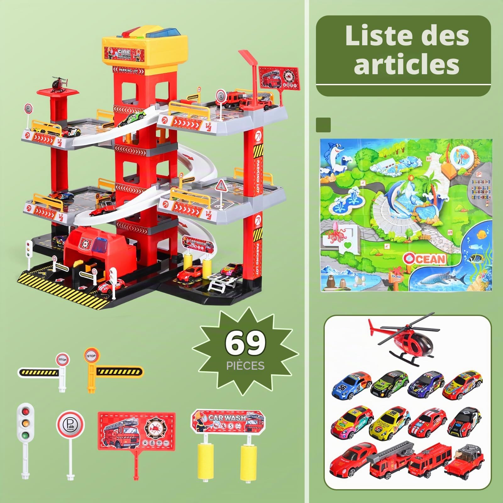 5 Etages Garage pour Enfants, Parking Jouet avec 12 Voitures et 1 Hélicoptère, Camion de Pompiers Jouet avec Ascenseur, Lumière et Son, Cadeaux pour Enfants de 3 4 5 6 7 8 9 Ans