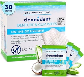 Dr. B Dental Solutions Cleanadent Wipes - Convenient Denture Cleaning Wipes, Refreshes Gums, No Artificial Colors/Flavors - 30 Count