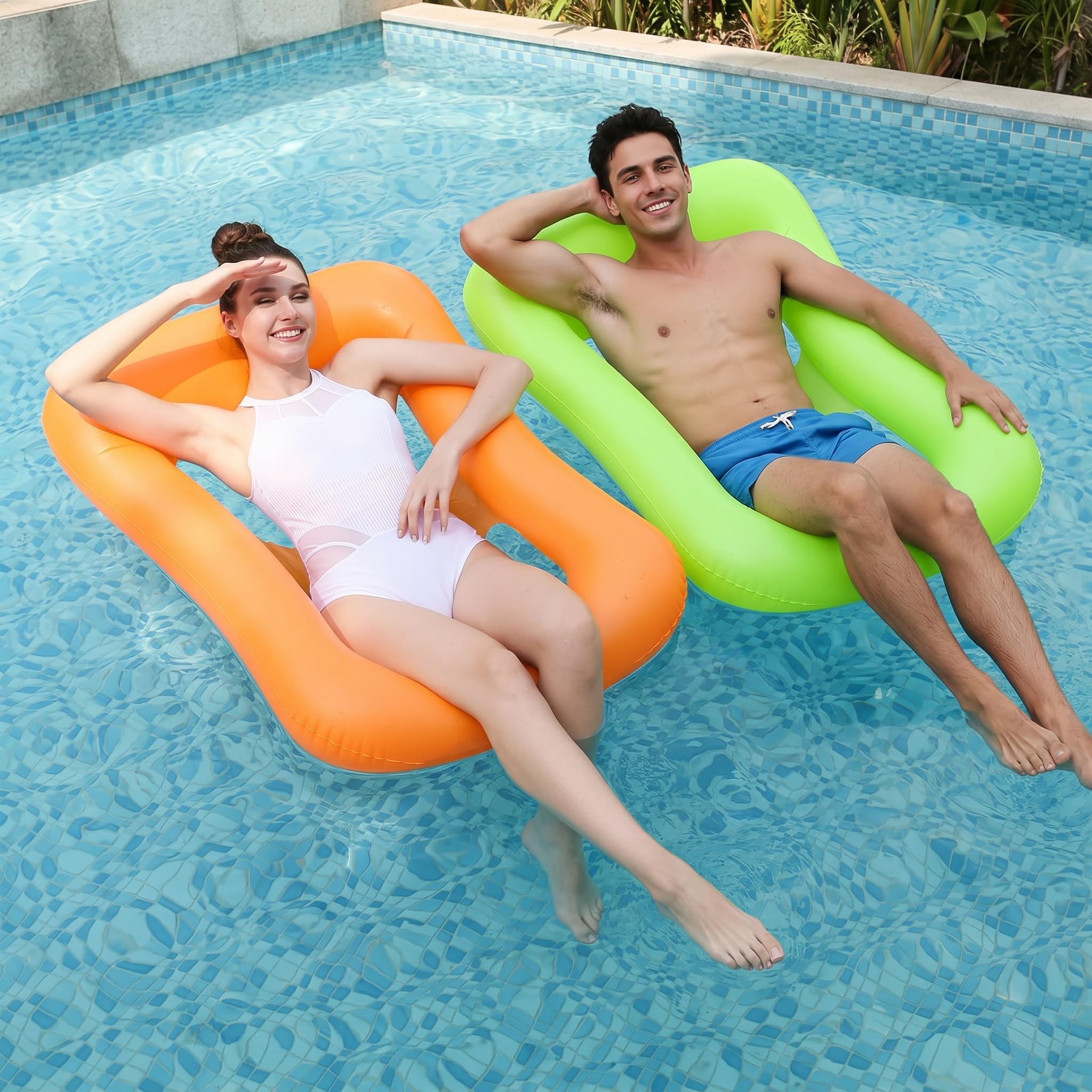 Zouwel 2Pack Lilo Pool Inflatables, Swimming Pool Floats Water Hammock for Adults, Keep Cool Sun Tanning Bed Float with Headrest Recliner Chair for Beach Summer Holiday (Orange+Green)
