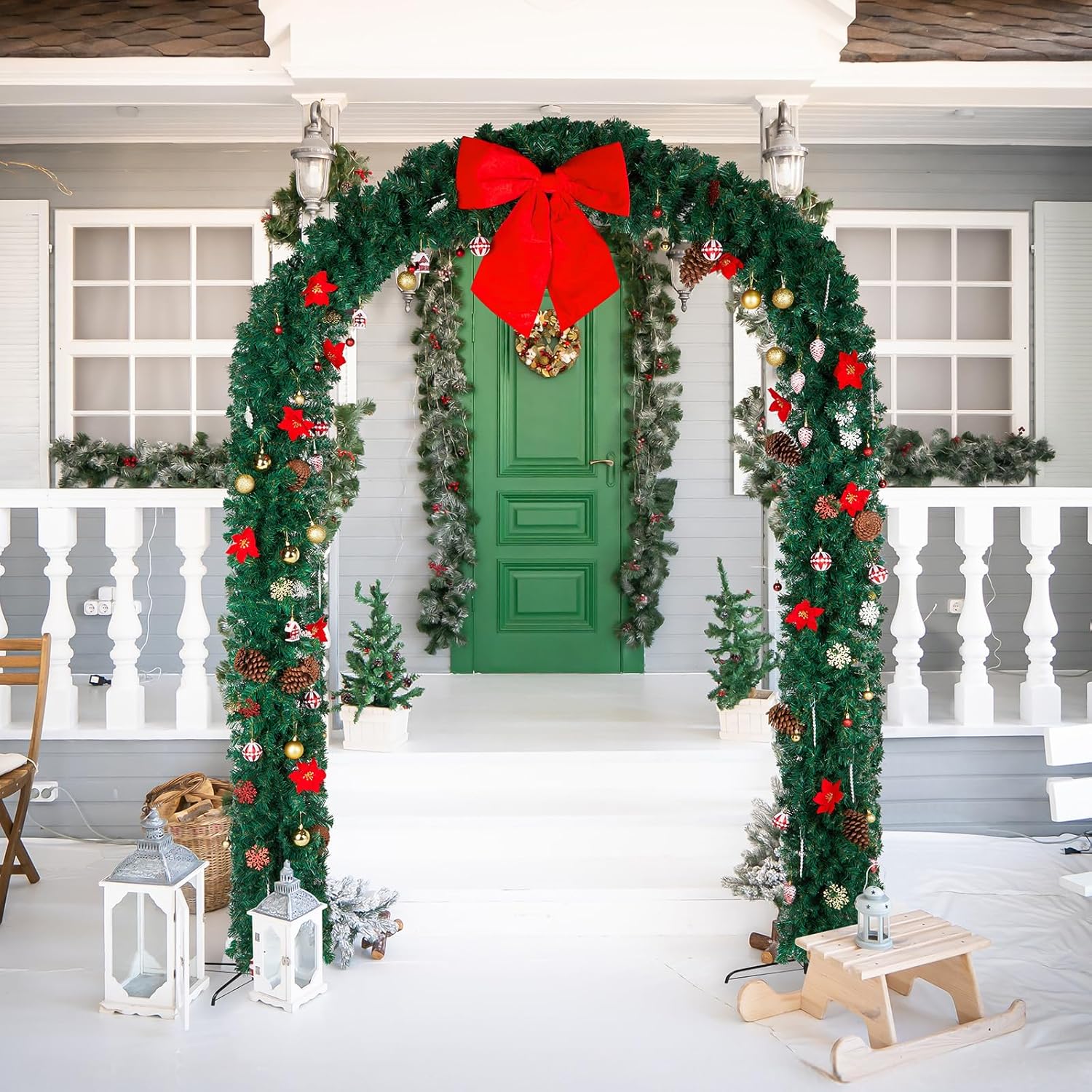 240 * 40 * 265cm PVC Christmas Arch with Ornaments Holiday Arch Decoration Green