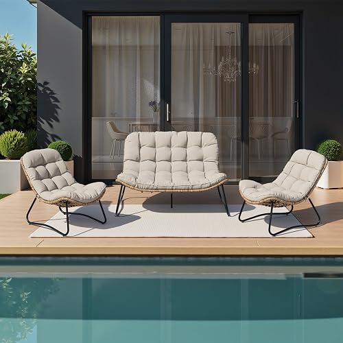Crestlive Products Outdoor Loveseat 3 Pieces, 2 Seater &1 Seater Outdoor Sofa Set,All-Weather Boho Rattan Patio Furniture with Soft Cushion for Balcony, Poolside, Backyard (Beige Without Table)
