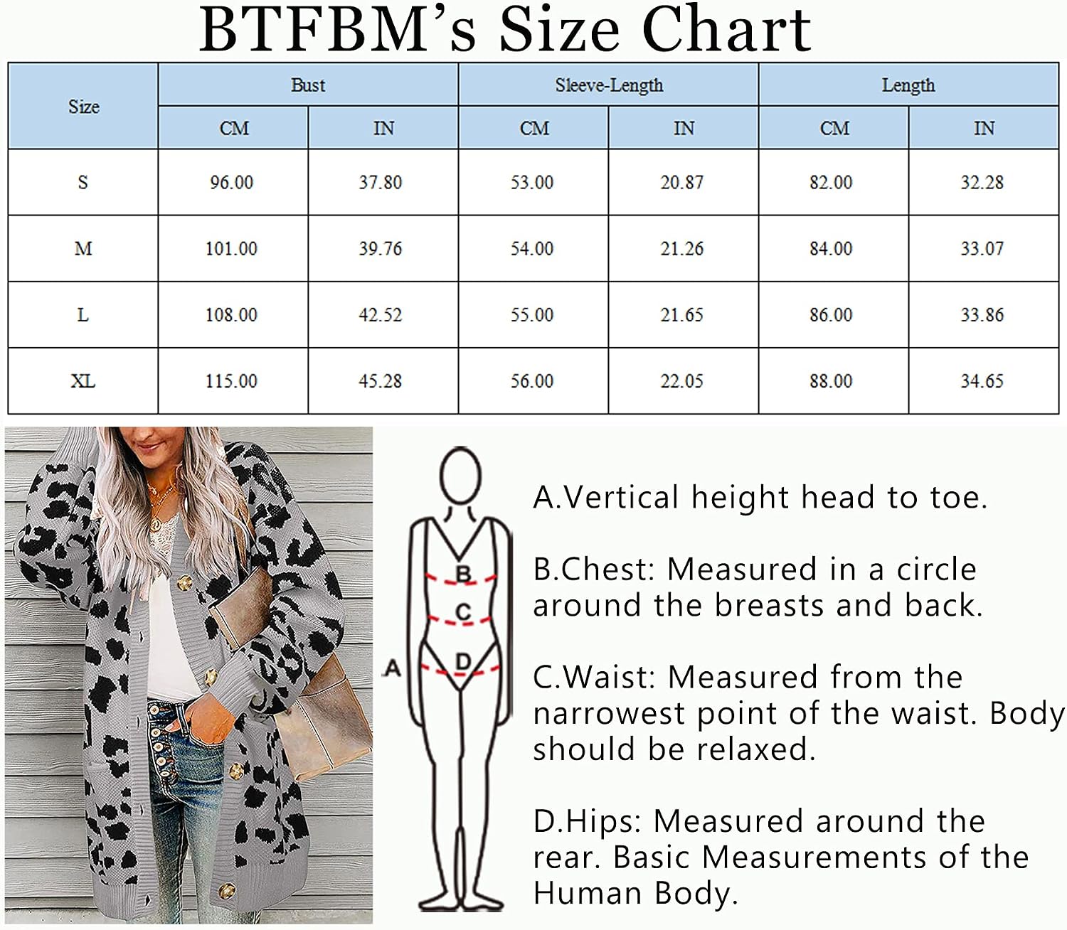 BTFBM Women Chic Leopard Print Cozy Sweater Pockets Button Down Open Front Loose Knitted Long Cardigan with Sleeves