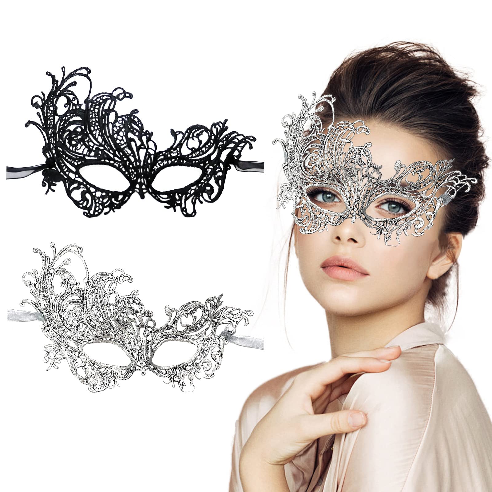 FunMular 2pcs Masquerade Mask for Women Venetian Carnival Mardi Gras Lace Masks For Women & Couples Halloween Party Decor